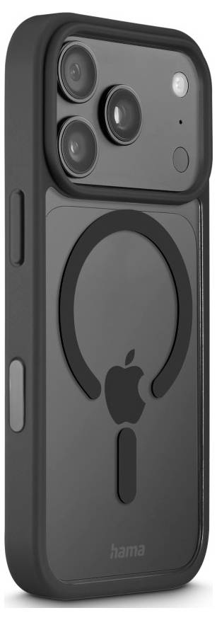 Schwarze Smartphone-Hülle mit erhöhtem Kameraschu und großem kreisförmigem MagSafe-ähnlichem Ausschnitt um ein Apple-Logo herum, in Seitenansicht gezeigt.