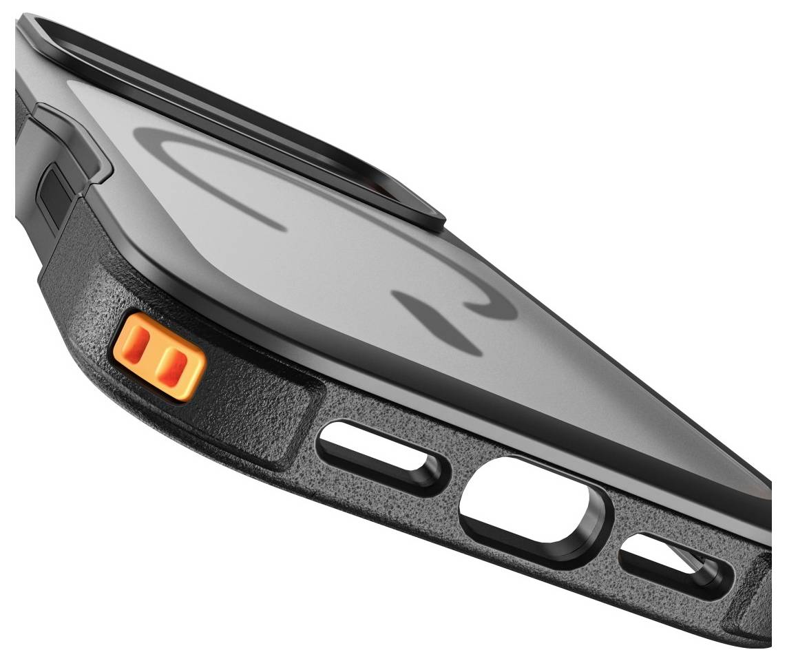 Nahaufnahme einer Ecke eines robusten Smartphone-Schutzkases mit Aussparungen für Anschlüsse und Tasten, die schwarze strukturierte Seiten und eine graue obere Kante zeigt.