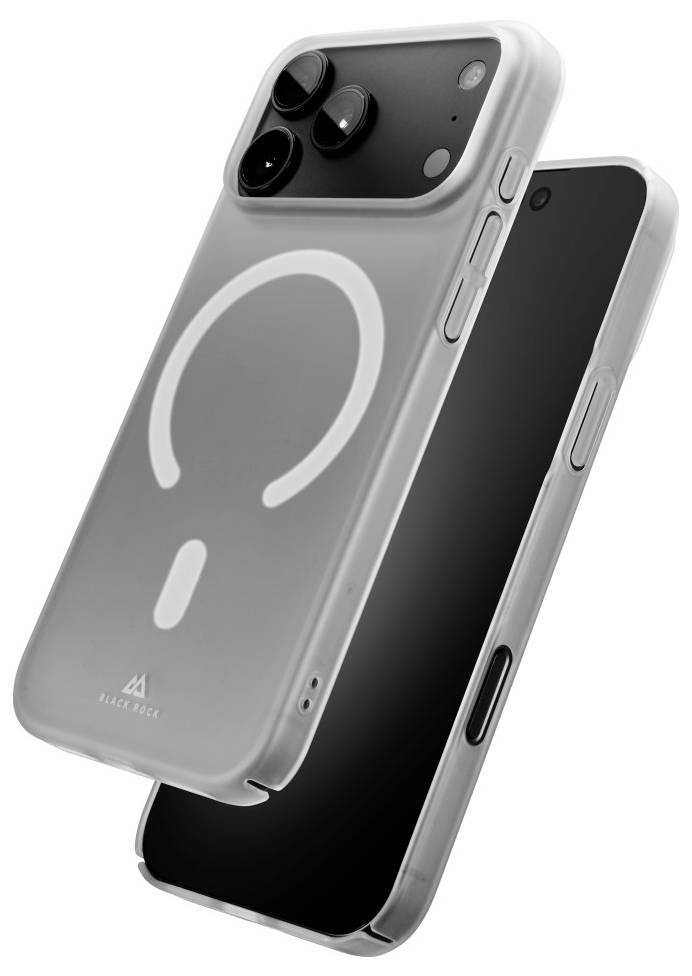 Zwei graue Smartphones werden überlappend dargestellt, wobei das vordere Smartphone eine transparente MagSafe-ähnliche Hülle mit einer weißen kreisförmigen Ringgrafik trägt.