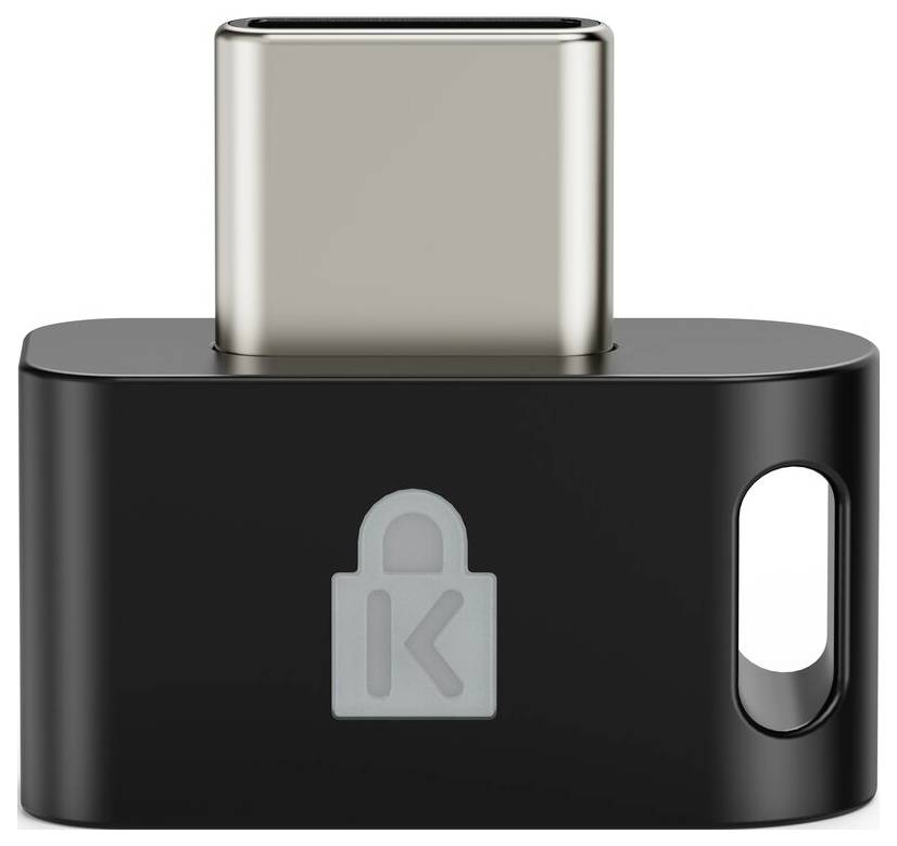 Schwarzer USB-C-Sicherheitsschlüssel mit einem kleinen Schlosssymbol auf der Vorderseite und einem metallischen Stecker, der oben eingesteckt ist, vor einem weißen Hintergrund.