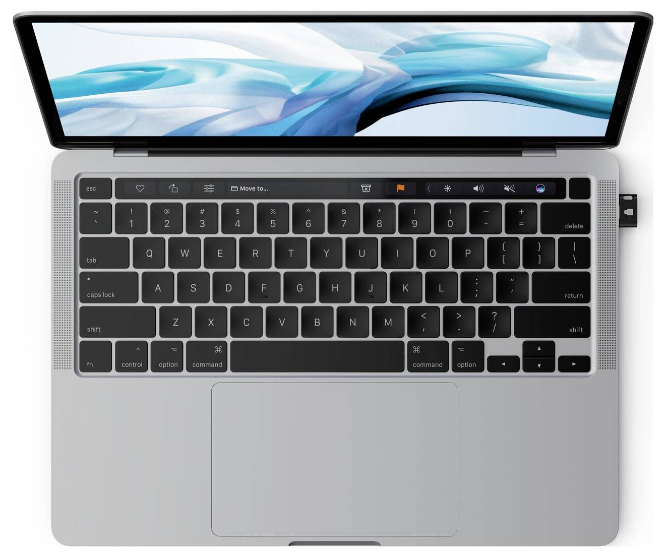 Draufsicht auf einen offenen silbernen Laptop mit einer schwarzen Tastatur, einem großen Trackpad und einem blauen abstrakten Bild auf dem Bildschirm.