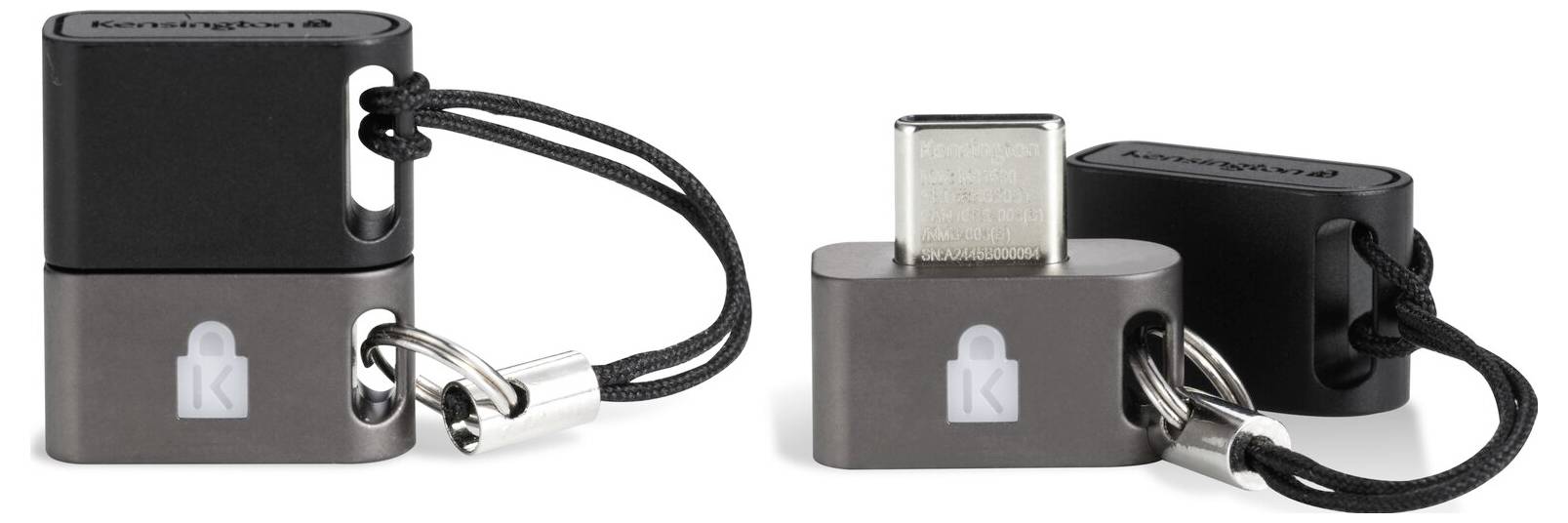 Zwei kompakte schwarz-grau USB-C-Adapter-Dongles mit Schlüsselanhänger-Schleifen und einem Schlosssymbol, nebeneinander auf weißem Hintergrund gezeigt.