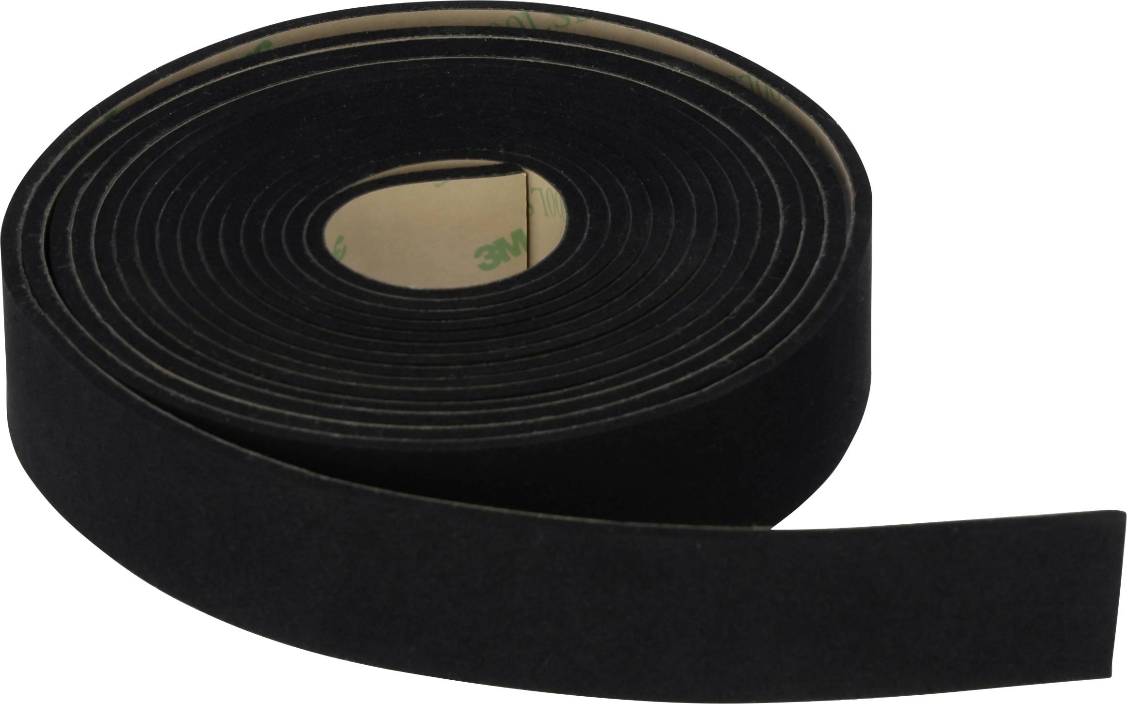 Eine Rolle schwarzes Klebeband mit einem losen Ende, das auf weißem Hintergrund ausgestreckt ist.