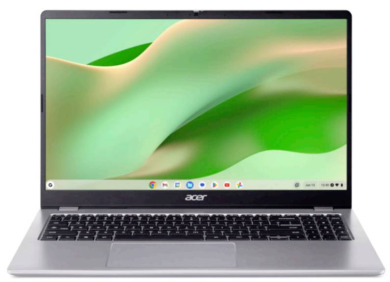 Ein Acer-Laptop zeigt ein grünes abstraktes Hintergrundbild auf seinem Bildschirm an.
