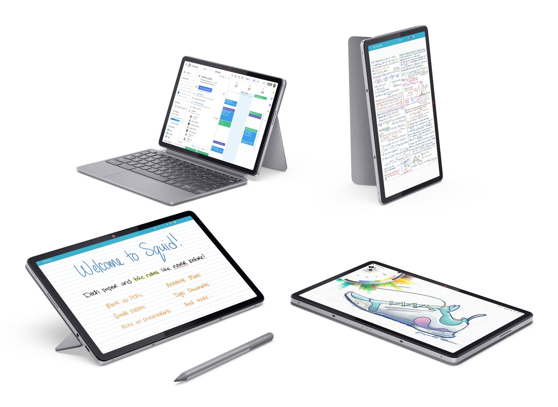 Vier Tablet-Bilder, die ein Tablet/Laptop mit Stift in verschiedenen Modi zeigen: Kalender, handschriftliche Notizen, Präsentation und Zeichnung.