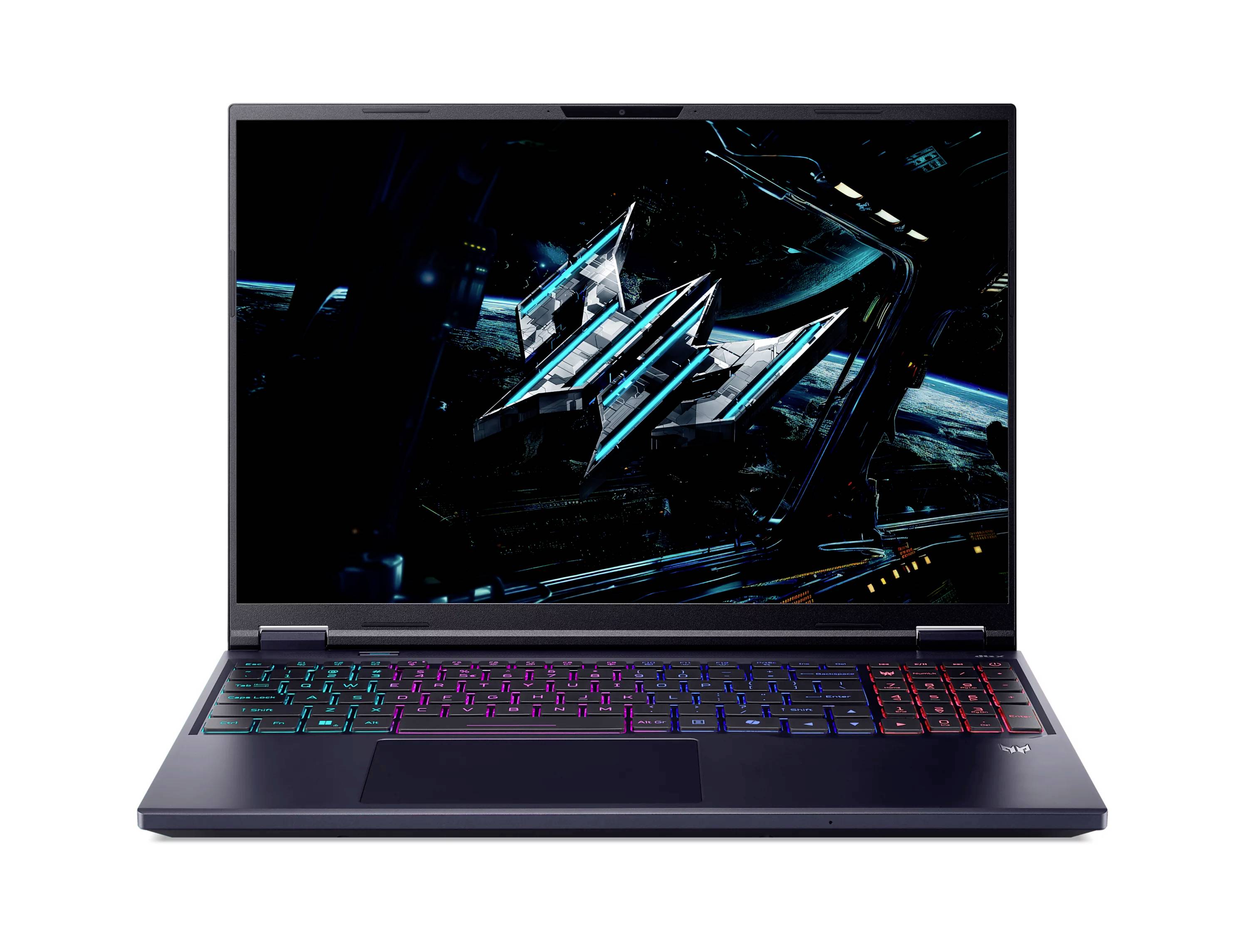 Offener Gaming-Laptop mit einem dunklen Science-Fiction-Hintergrundbild auf dem Bildschirm und mehrfarbiger Hintergrundbeleuchtung der Tastatur.