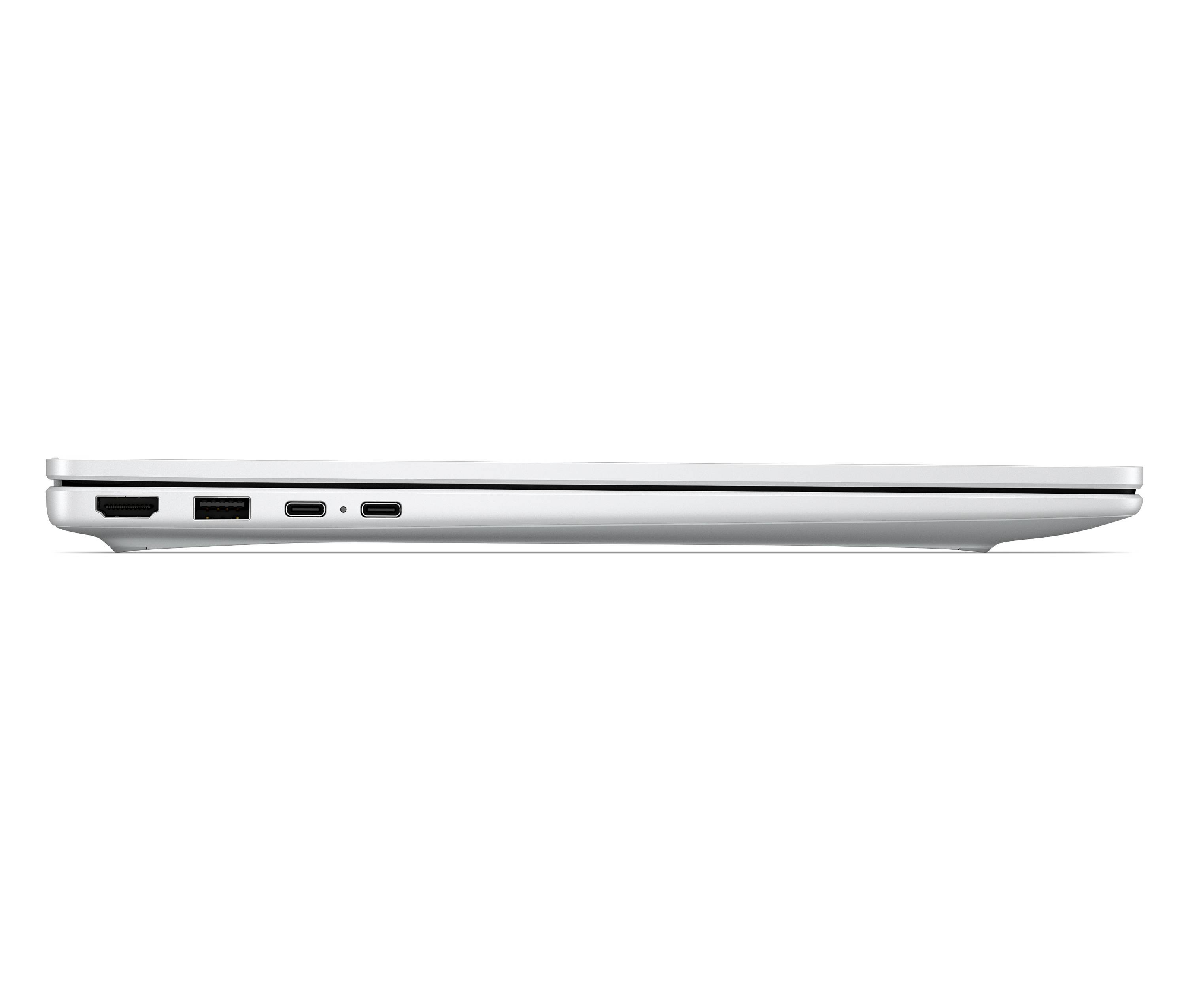 Seitenansicht eines silbernen Laptops mit seinem dünnen Profil und den Anschlüssen auf der linken Seite, einschließlich HDMI-, USB- und USB-C-Anschlüssen.