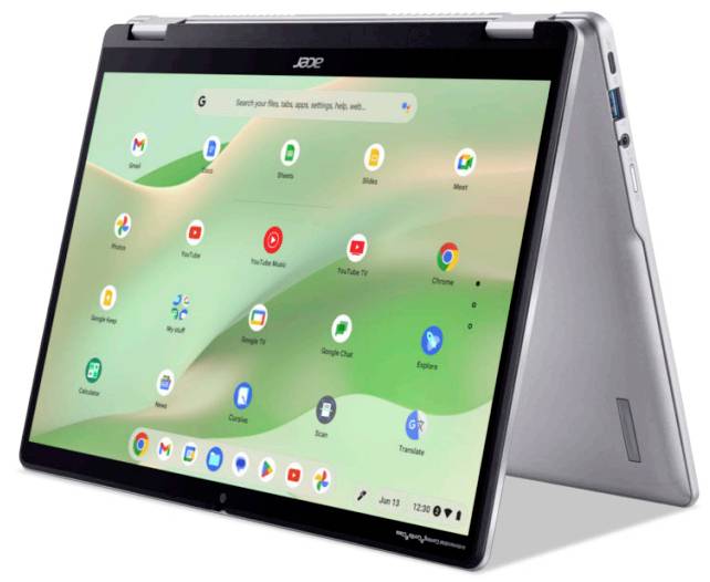 Acer Chromebook im Zeltmodus, der den Chrome OS-Startbildschirm mit App-Symbolen und Suchleiste anzeigt.