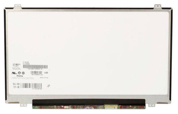Weiße Laptop-LCD-Anzeigetafel mit schwarzem Rahmen und Anschlüssen entlang der unteren Kante