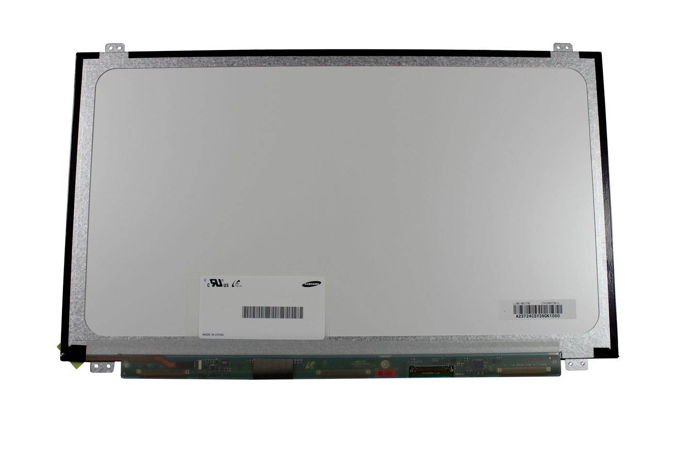 Rückseite einer flachen LCD-Panelanzeige mit Metallrahmen, Befestigungslaschen und angebrachten Barcode-Etiketten.