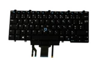 Schwarze Laptop-Tastatur-Ersatzteil mit befestigten Flachbandkabeln, auf weißem Hintergrund dargestellt.