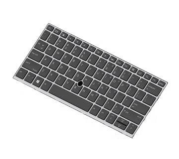 Geneigtes Laptop-Keyboard mit dunklen Tasten und einem zentralen Pointing Stick auf weißem Hintergrund.