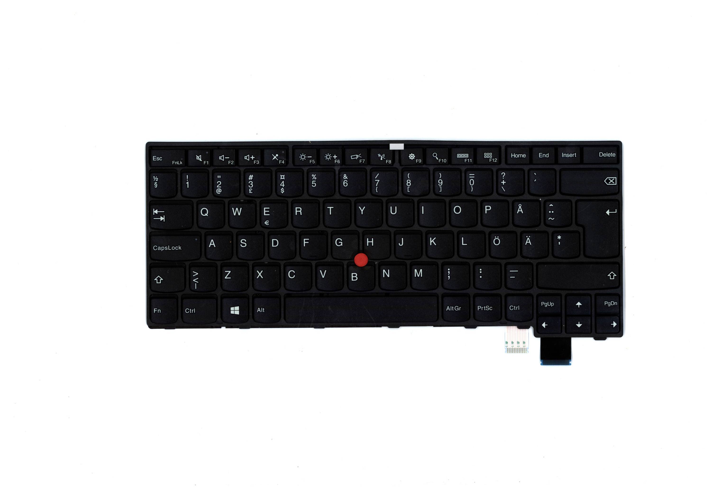 Schwarze Laptop-Tastatur mit rotem TrackPoint und Touchpad-Tasten auf weißem Hintergrund.