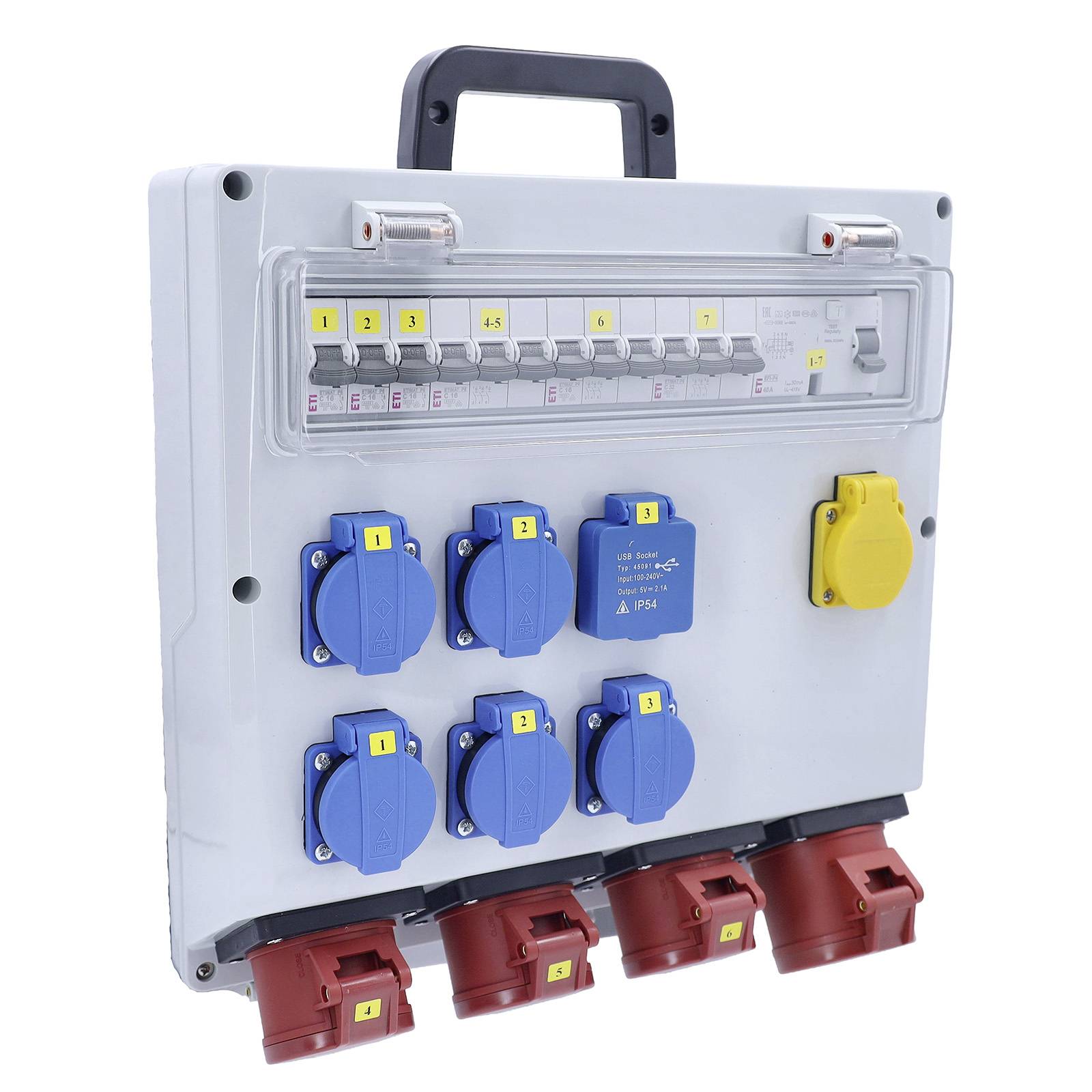 Tragbare elektrische Verteilungsbox mit mehreren beschrifteten Schutzschaltern und mehreren blauen, gelben und roten Stromsteckdosen.