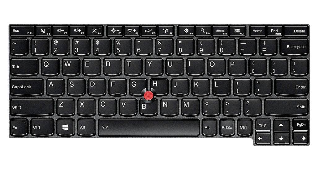 Schwarze Laptop-Tastatur mit rotem Zeigerstab in der Mitte zwischen den Tasten G, H und B.