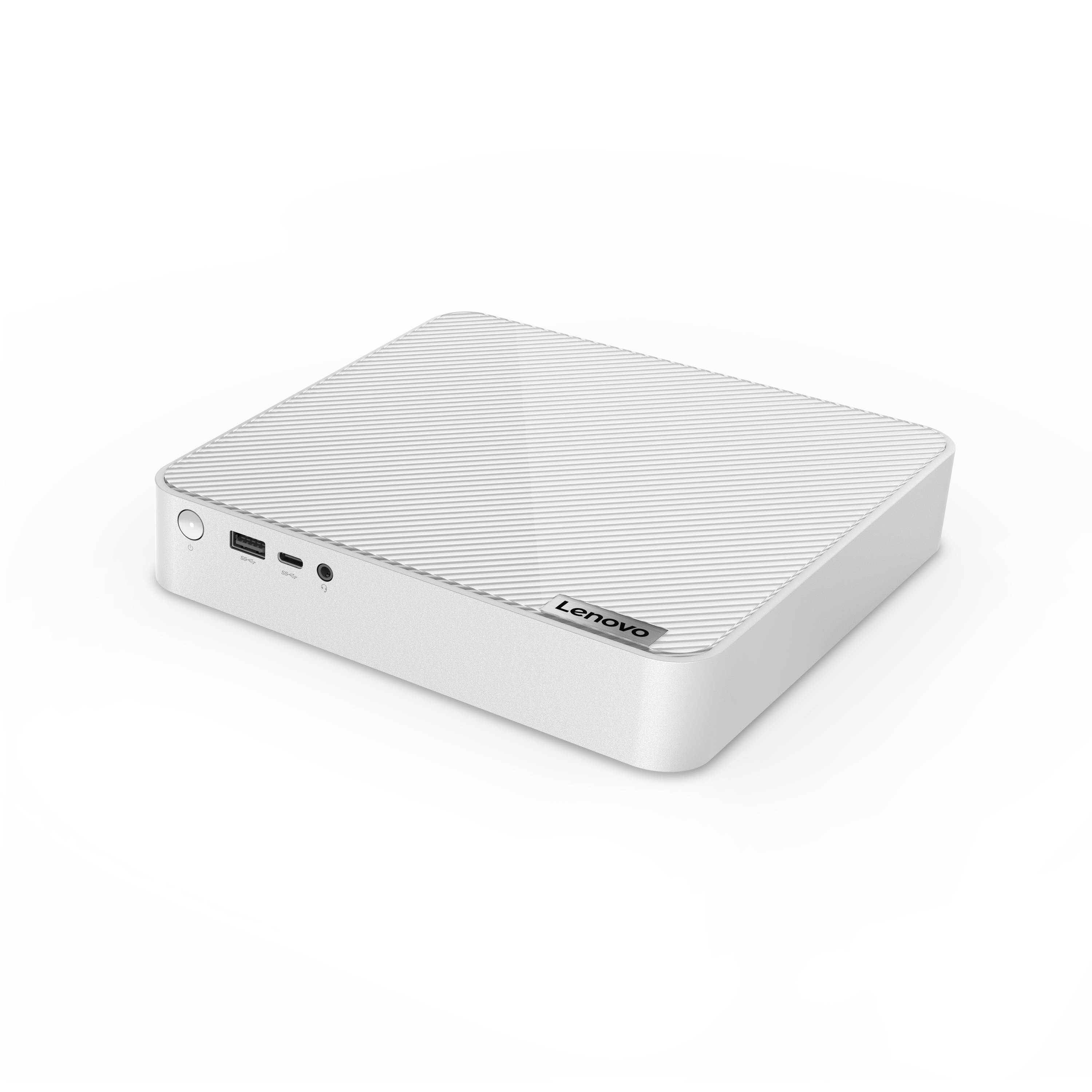Weißes kompaktes Lenovo-Externgerät mit gerillter Oberseite, vorderer Stromtaste, USB-Anschlüssen und einer Audiobuchse auf neutralem Hintergrund.