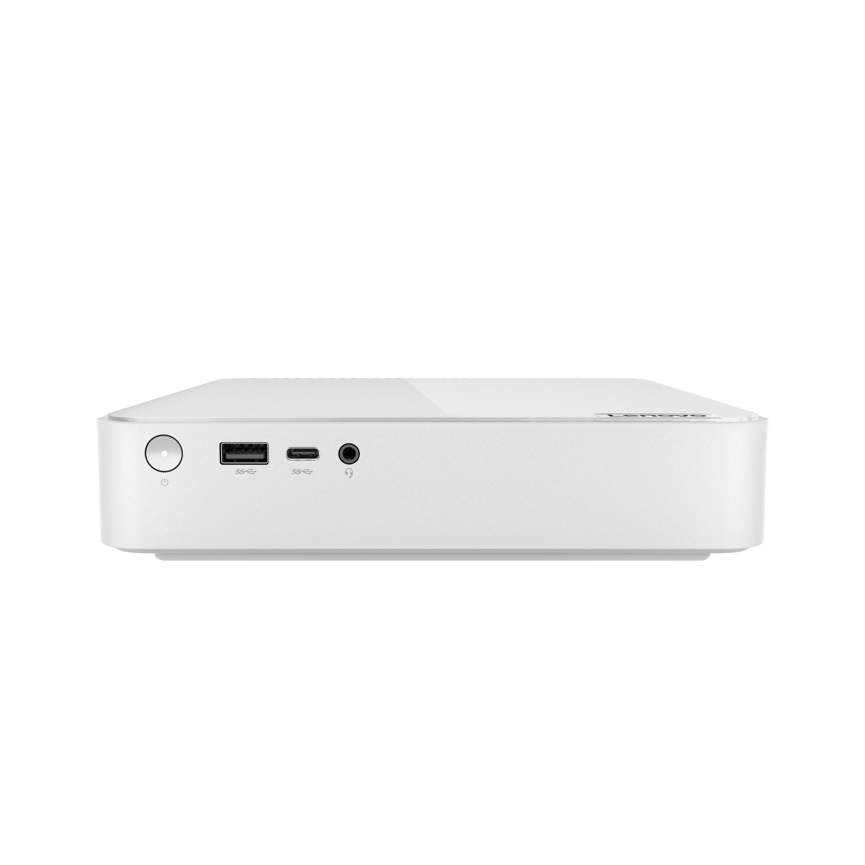 Vorderansicht eines weißen Mini-Computers oder Mediengeräts mit einer Stromschalter, USB-Anschlüssen und einer Audiobuchse auf der Frontplatte.