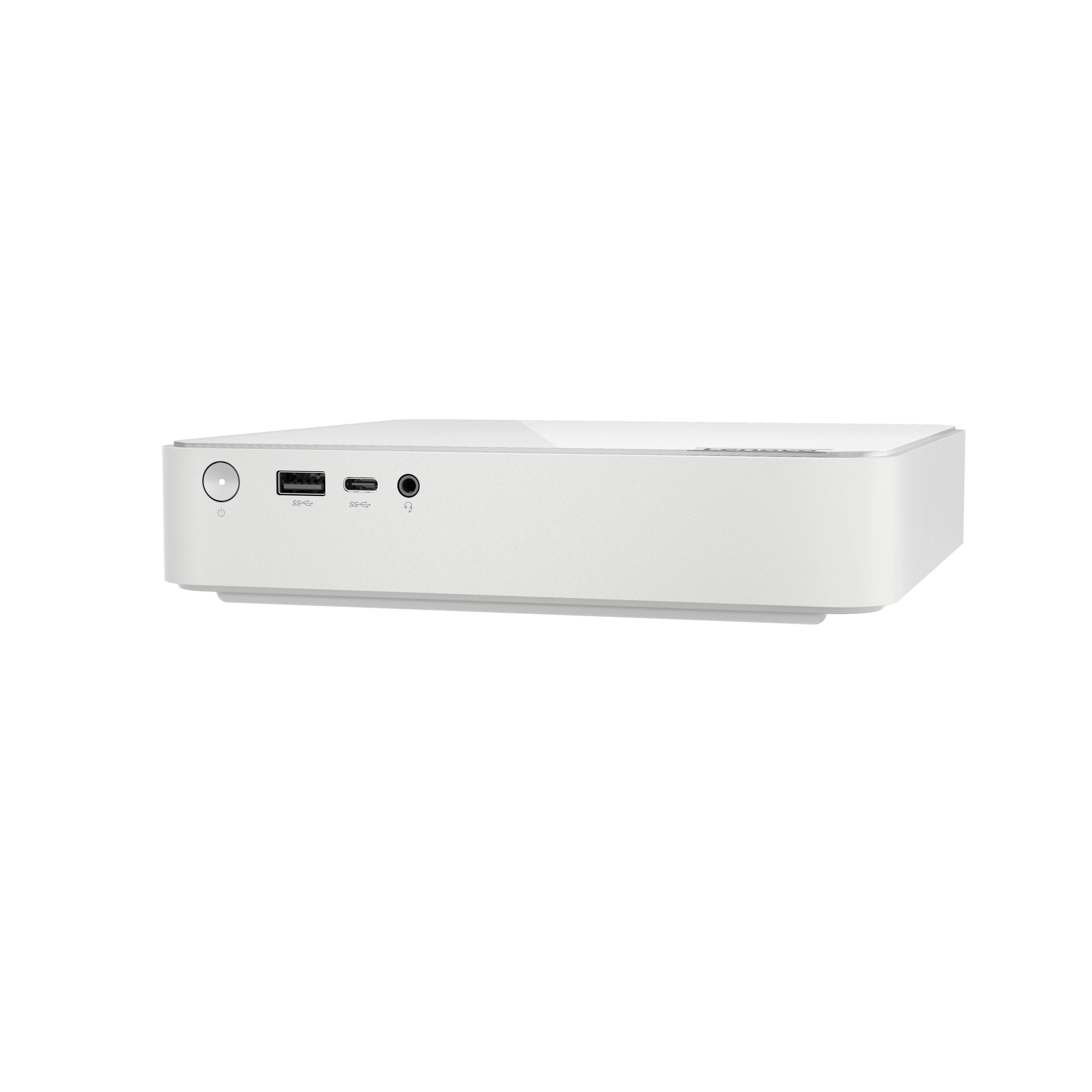 Weißes rechteckiges elektronisches Gerät mit Netztaste, USB-Anschluss, kleinem Anschluss und Audiobuchse auf der Frontplatte.