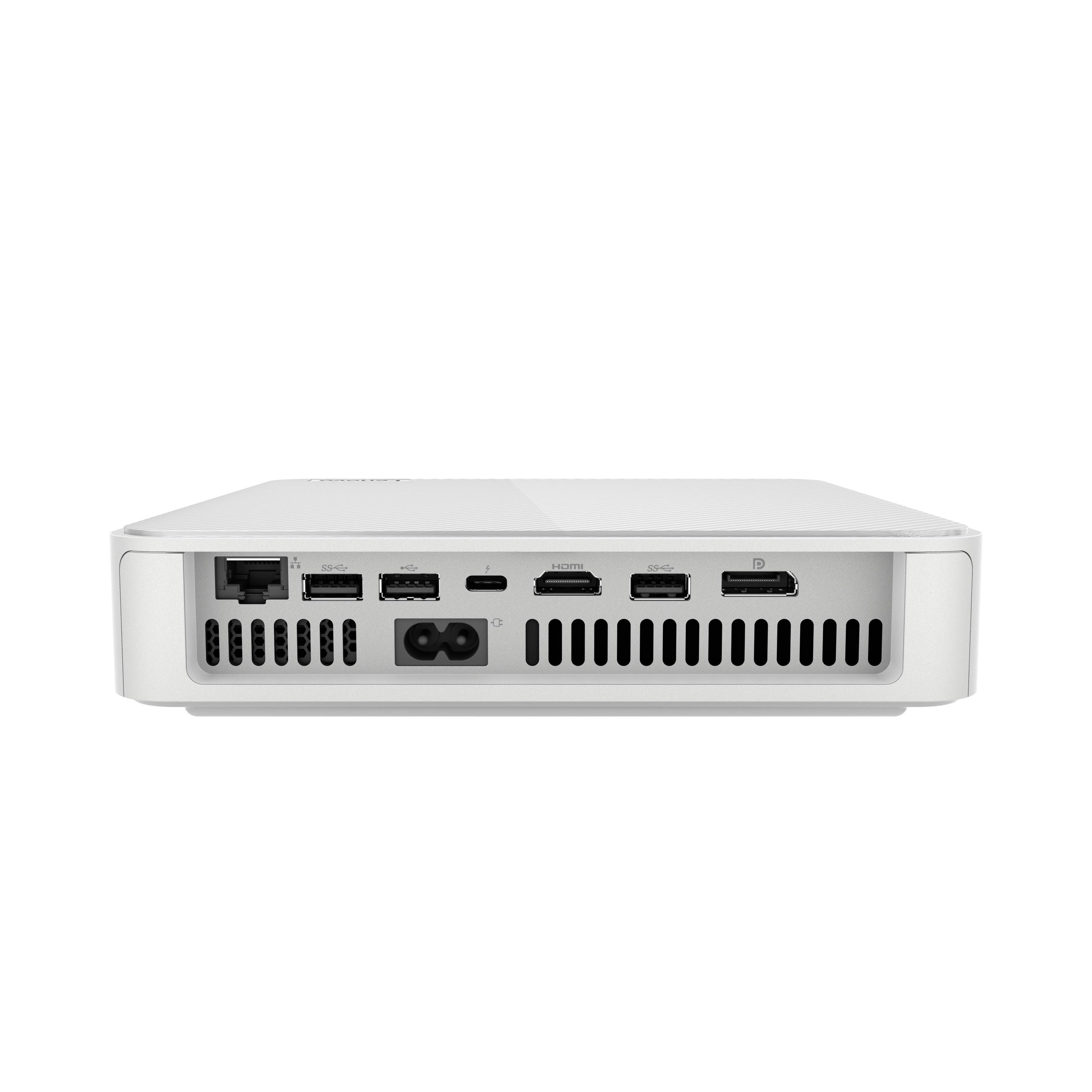 Rückansicht eines weißen Desktop-Computers mit mehreren Anschlüssen auf der Rückseite, einschließlich Ethernet, USB, Audio, HDMI und DisplayPort.