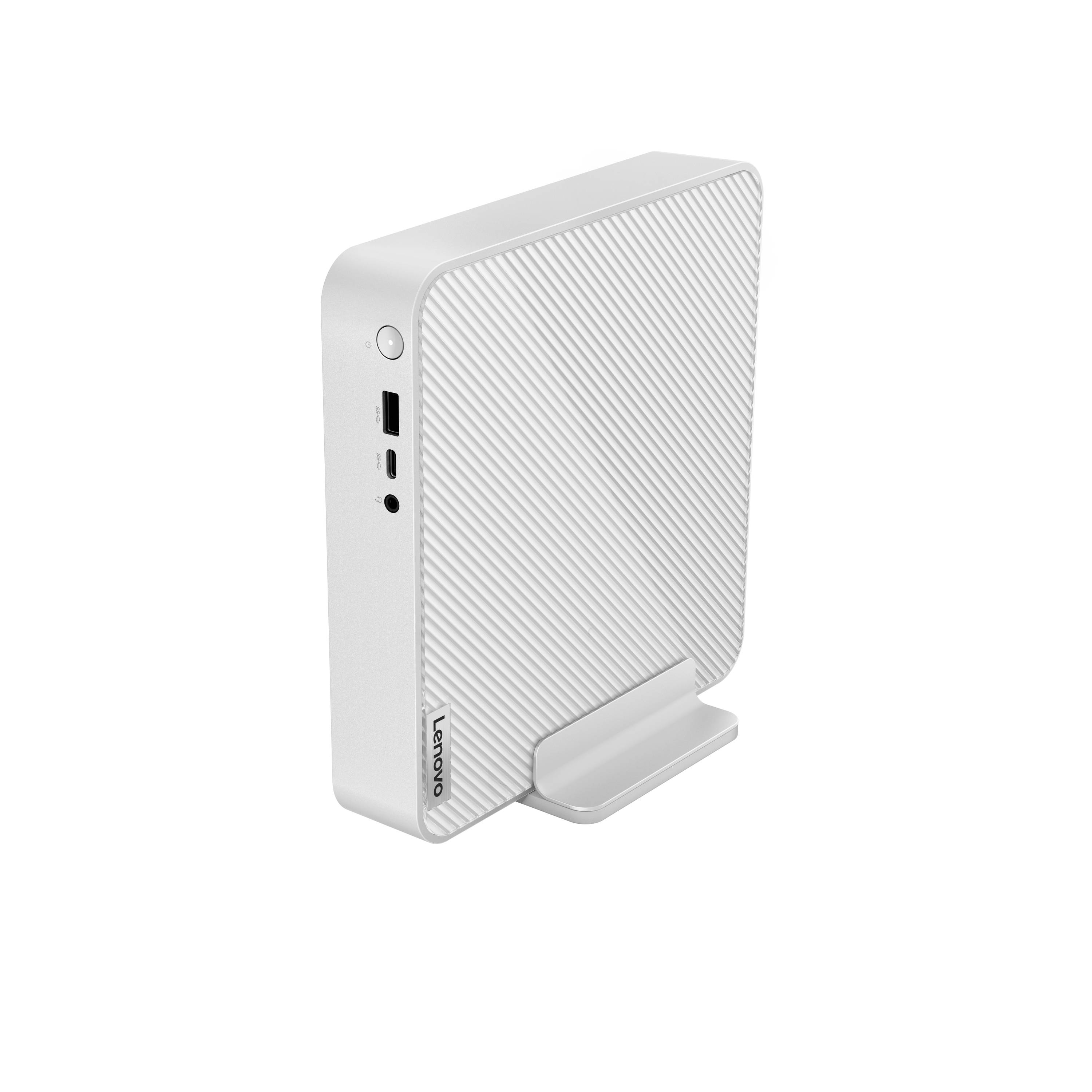 Weiße externe Lenovo-Festplatte, die vertikal auf einem kleinen Ständer steht, mit sichtbaren USB- und Stromanschlüssen an der Seite.