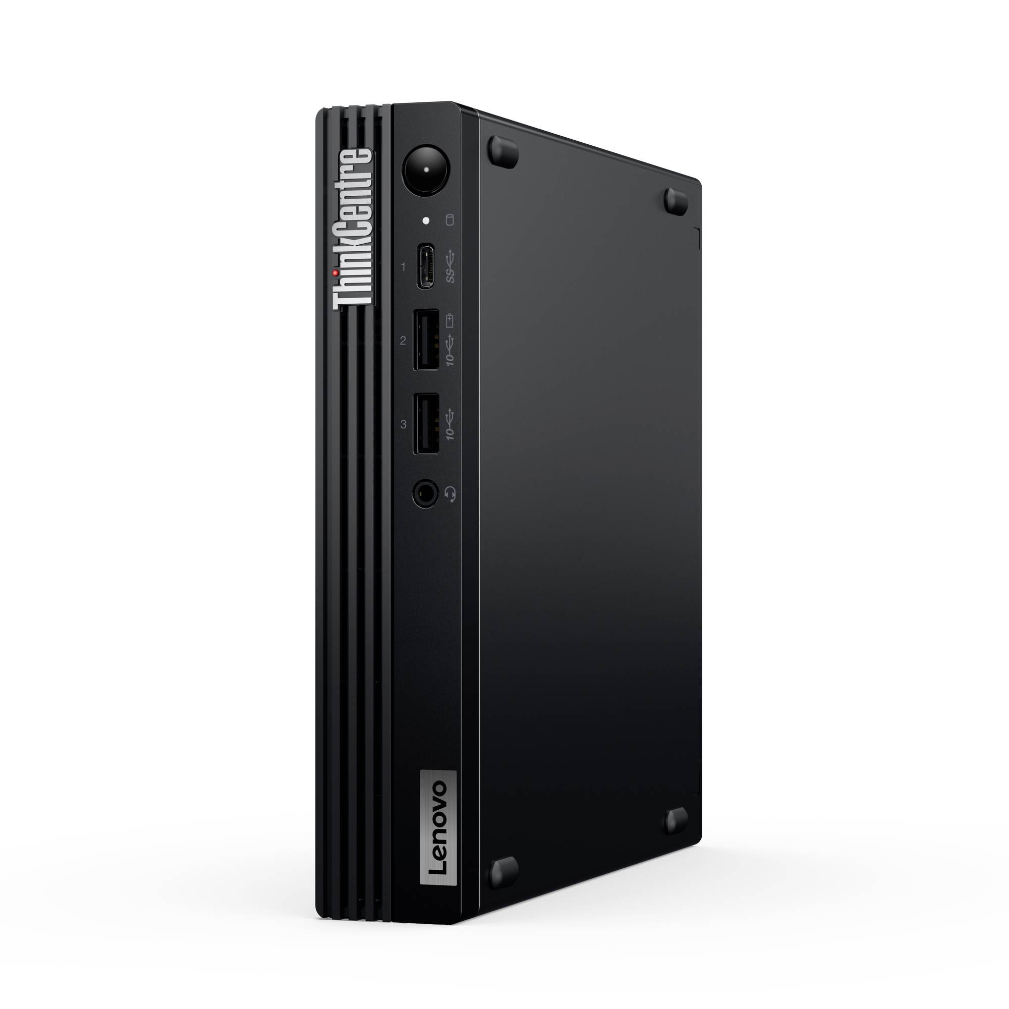 Lenovo ThinkCentre Desktop-Computer im kompakten Formfaktor, Vorderansicht mit Power-Button, USB-Anschlüssen und Audiobuchse auf einem schwarzen Gehäuse.