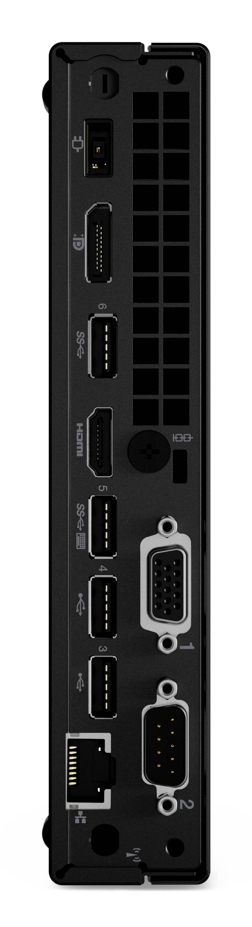 Rückansicht eines schwarzen elektronischen Geräts mit mehreren Anschlüssen: Ethernet, seriell, HDMI/DisplayPort-ähnliche Video-, USB- und Stromverbinder.