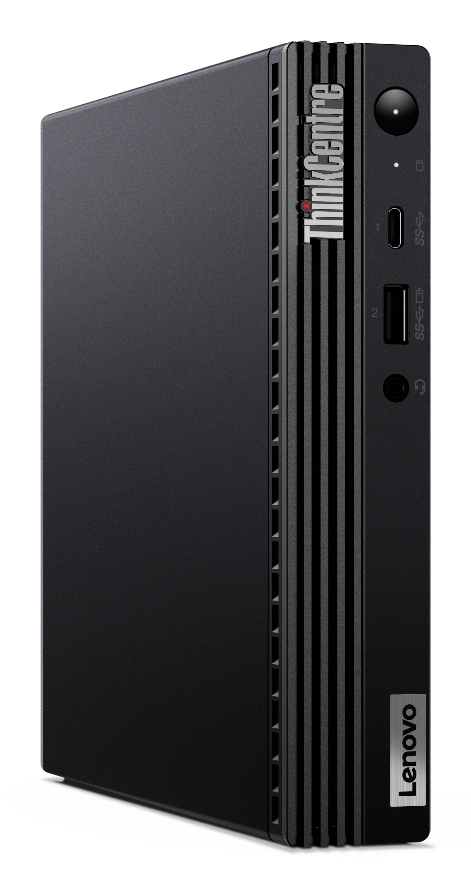 Schwarzer Lenovo ThinkCentre Desktop-Mini-Tower-Computer aufrecht dargestellt, Vorderansicht mit Stromschalter, USB-Anschlüssen und ThinkCentre-Branding