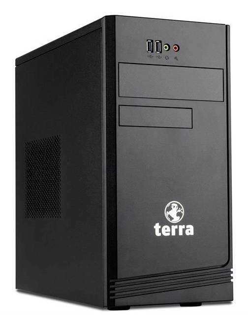 Black Terra Desktop-Computergehäuse mit vorderen USB-Anschlüssen, Audioanschlüssen und Laufwerkschächten.