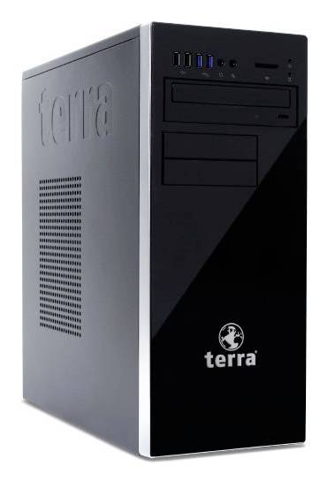 Schwarzes und graues Desktop-Computer-Gehäuse mit „terra"-Logo auf der Vorderseite und Seitenpanel-Belüftung