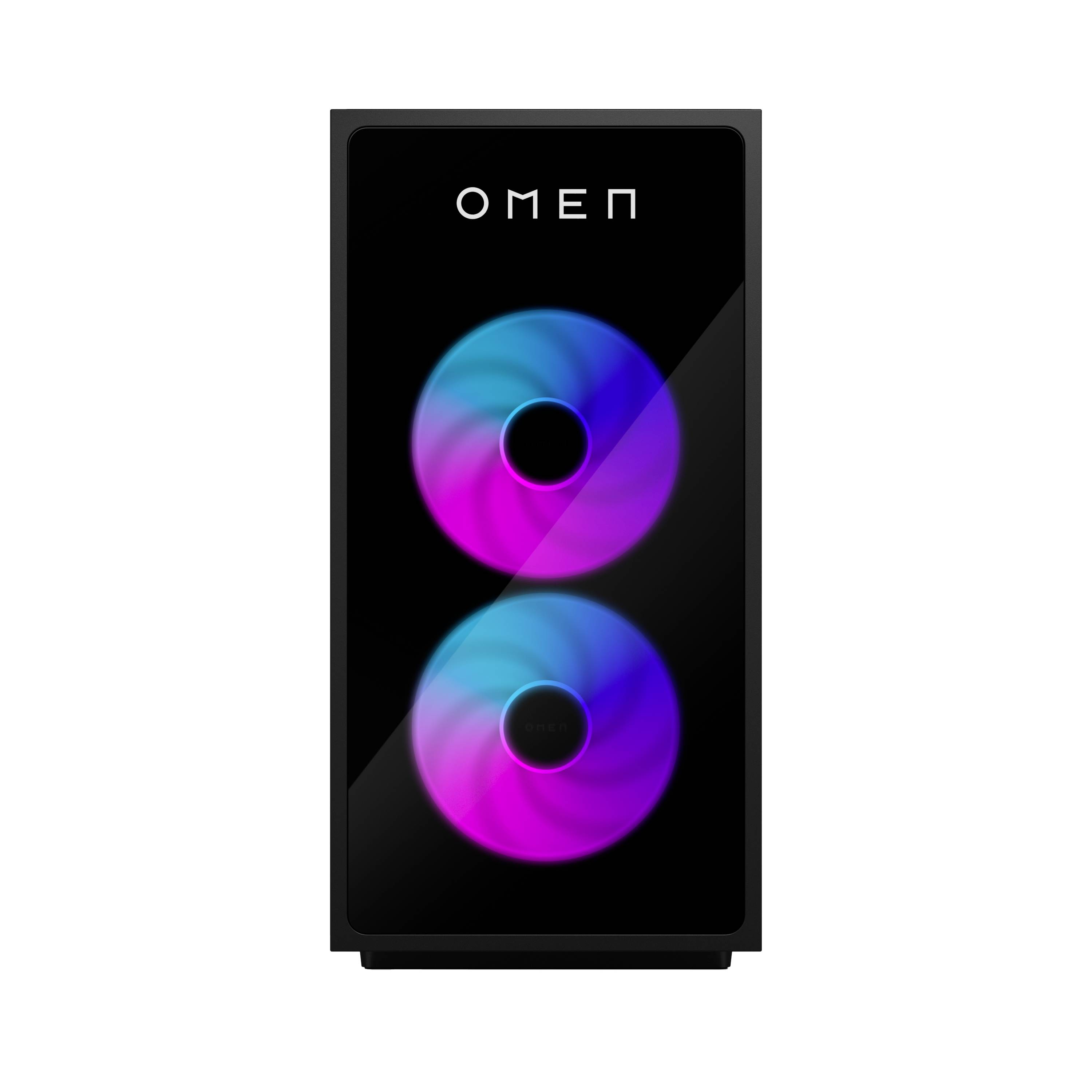 Vorderansicht eines OMEN Desktop-Towers mit einem schwarzen Gehäuse und zwei großen RGB-beleuchteten Kühlventilatoren hinter der Frontplatte.