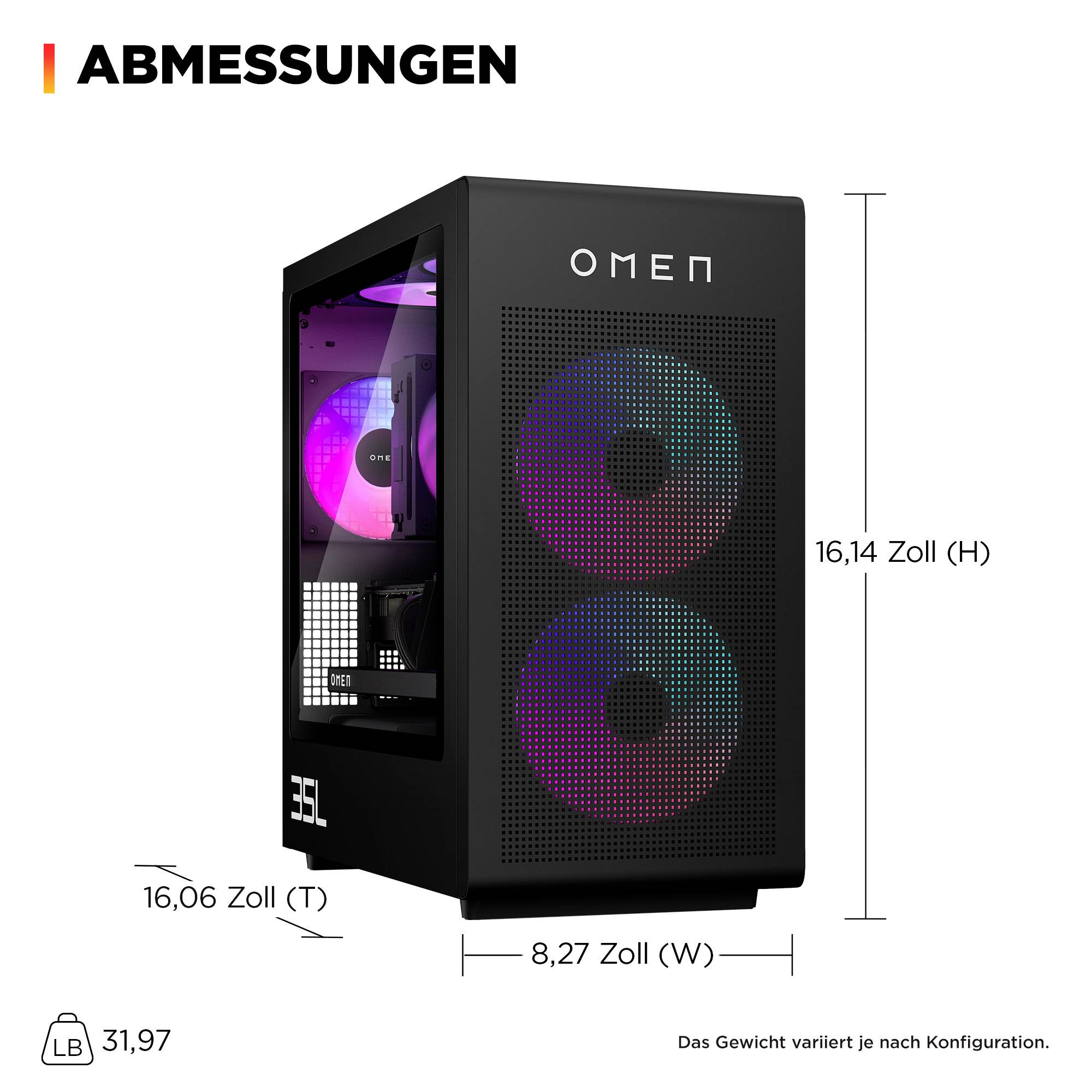 OMEN Desktop-PC Dimensionsdiagramm: 40,96 cm hoch, 21,01 cm breit, 40,79 cm tief; Gewicht 14,50 kg, variiert je nach Konfiguration.