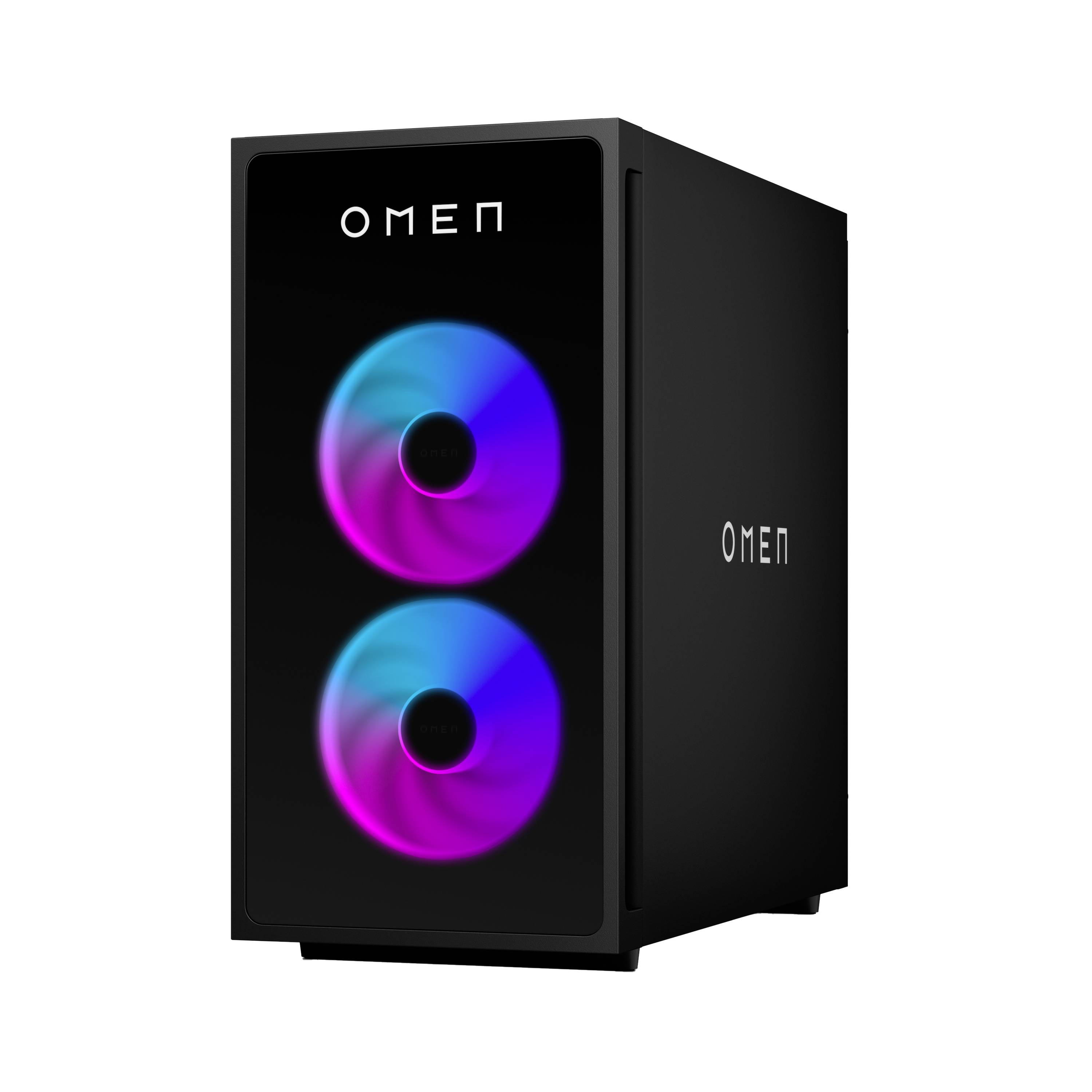 Schwarzer HP Omen Desktop-PC-Turm mit zwei leuchtenden RGB-Frontlüftern und Omen-Logos, gezeigt auf weißem Hintergrund.