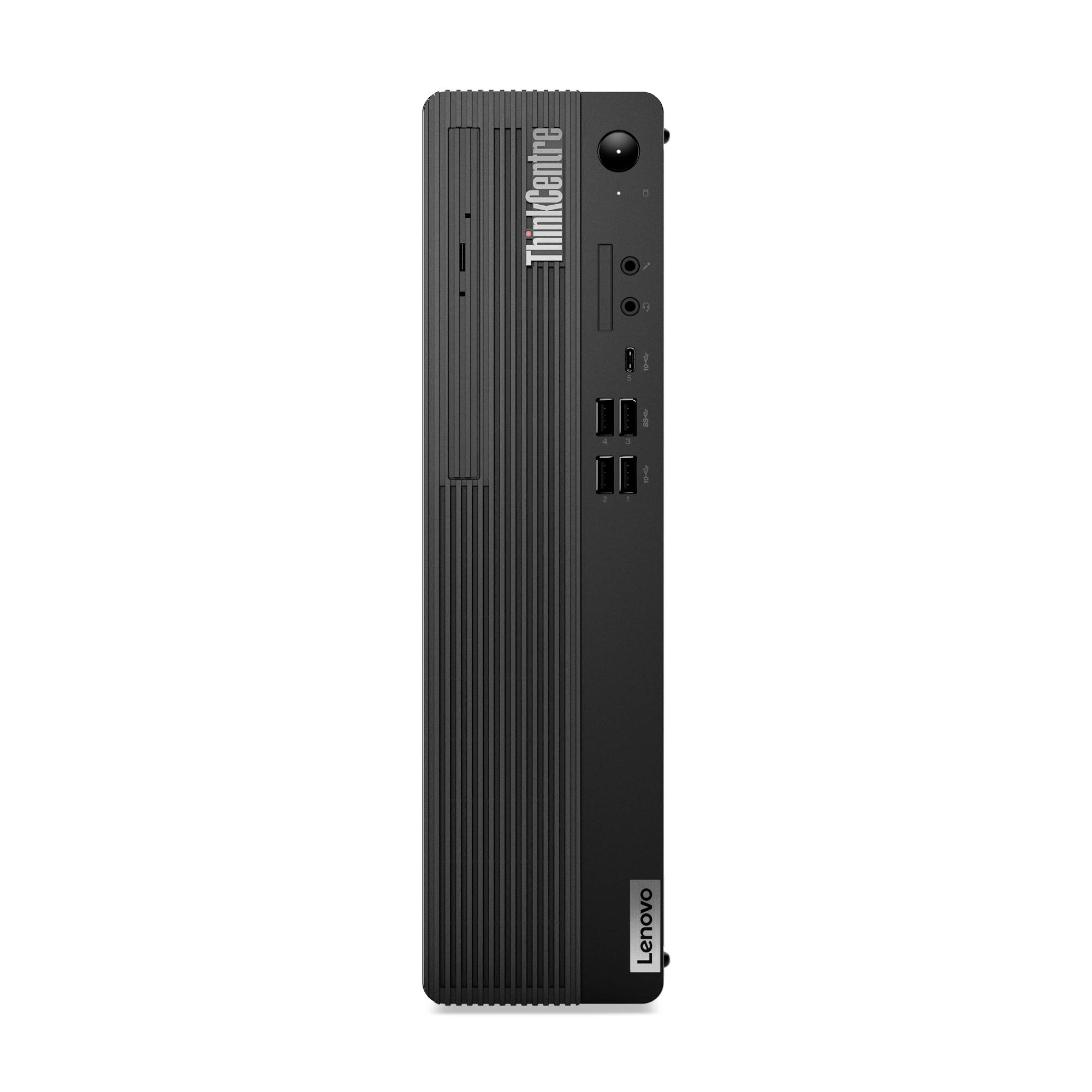 Frontansicht eines schlanken Lenovo ThinkCentre-Desktoptowers mit vertikalen Kühlrippen, Netzschalter, Audiobuchsen, USB-Anschlüssen und ThinkCentre-Branding.