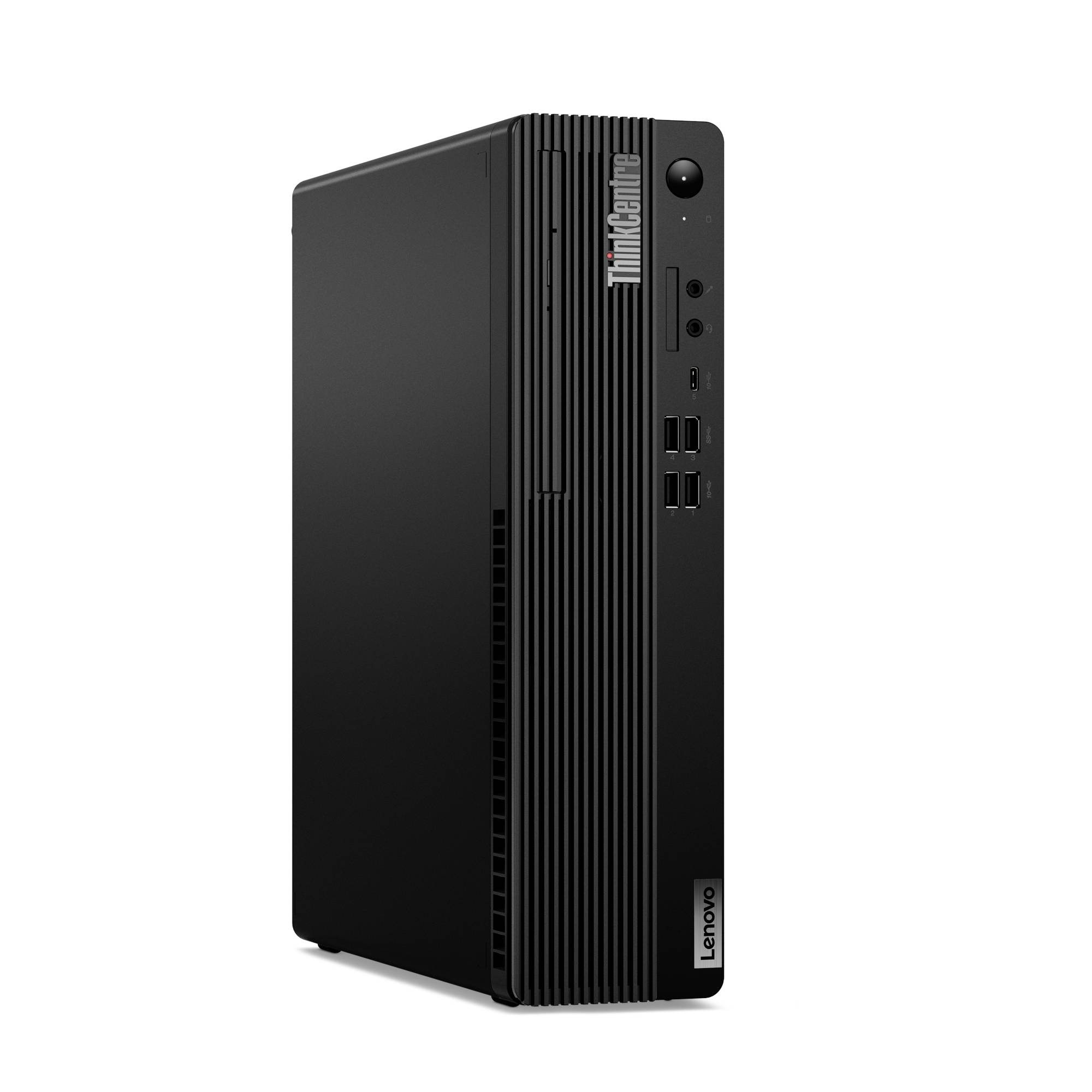 Schwarzer Lenovo ThinkCentre Desktop-Tower, aufrecht dargestellt mit vorderen Anschlüssen, Netzschalter und vertikalen Lüftungsschlitzen auf weißem Hintergrund.