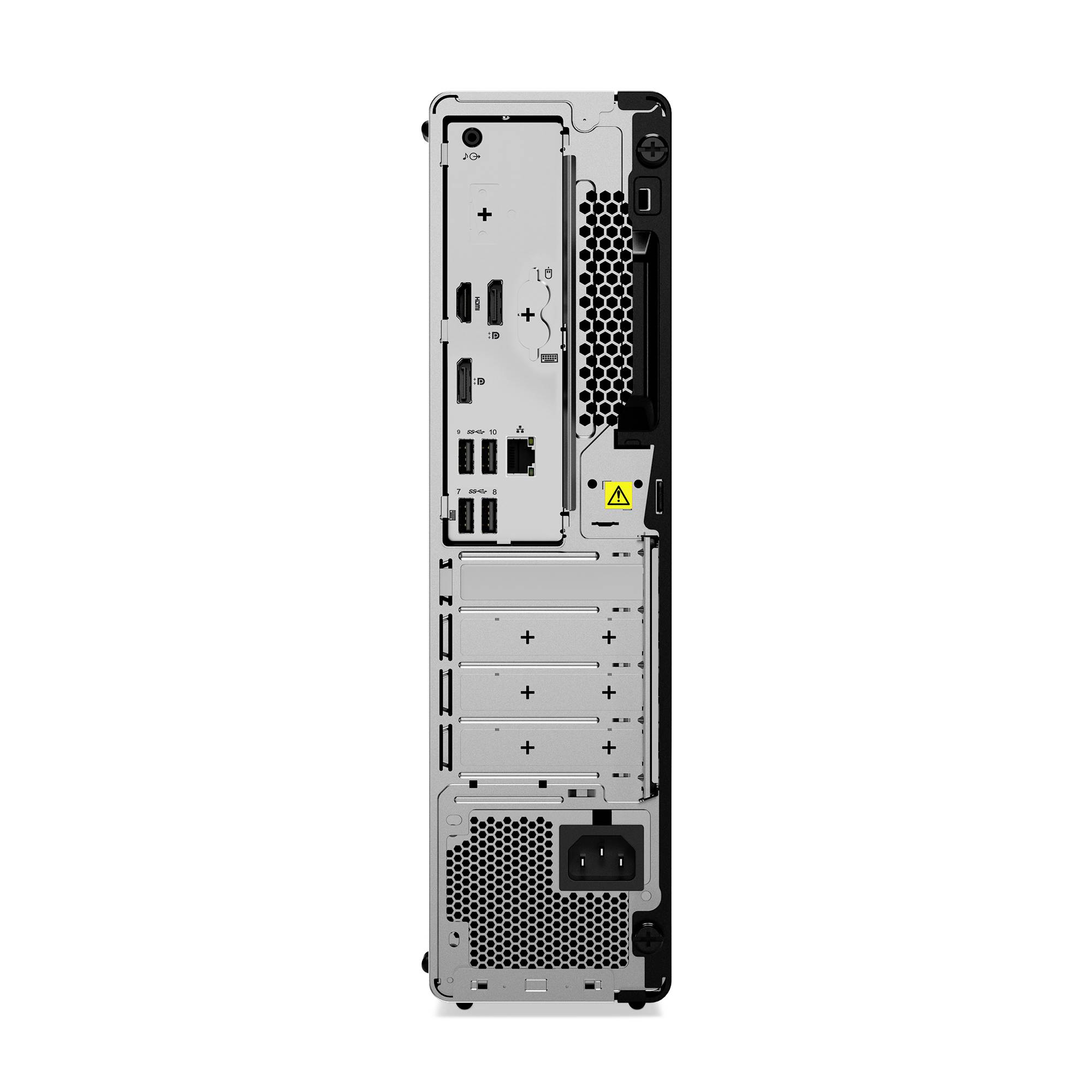 Rückansicht eines Desktop-Computer-Towers mit Belüftungsgittern, Stromversorgung, Anschlüssen und Erweiterungssteckplätzen