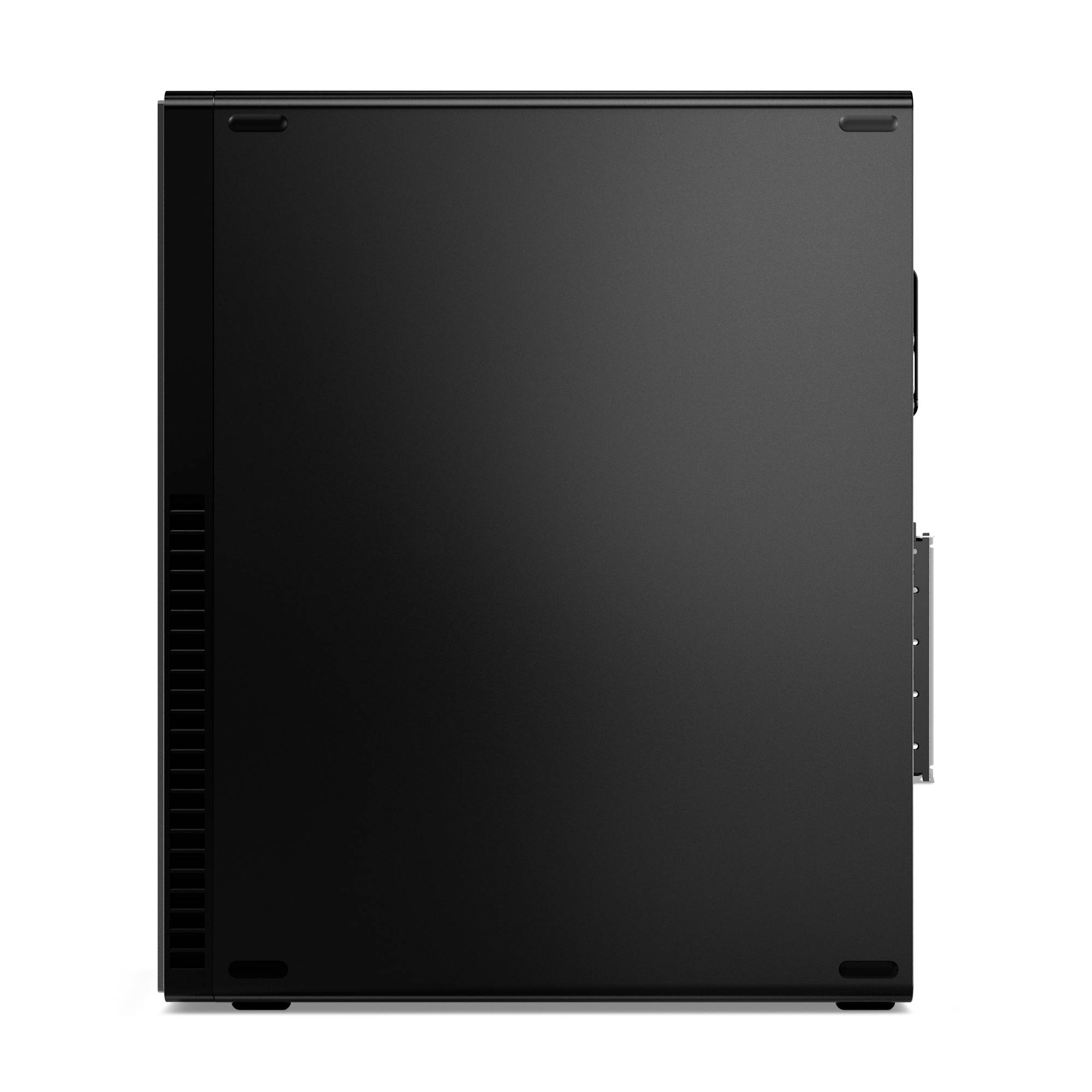 Schwarzes rechteckiges elektronisches Gerät oder Steuermodul von vorne gegen weißen Hintergrund gezeigt, mit Seitenlüftungsschlitzen und einem Anschluss auf der rechten Seite
