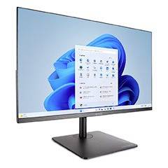 Flachbildschirm-Computermonitor mit Windows 11-Desktop und Startmenü auf einem Ständer.
