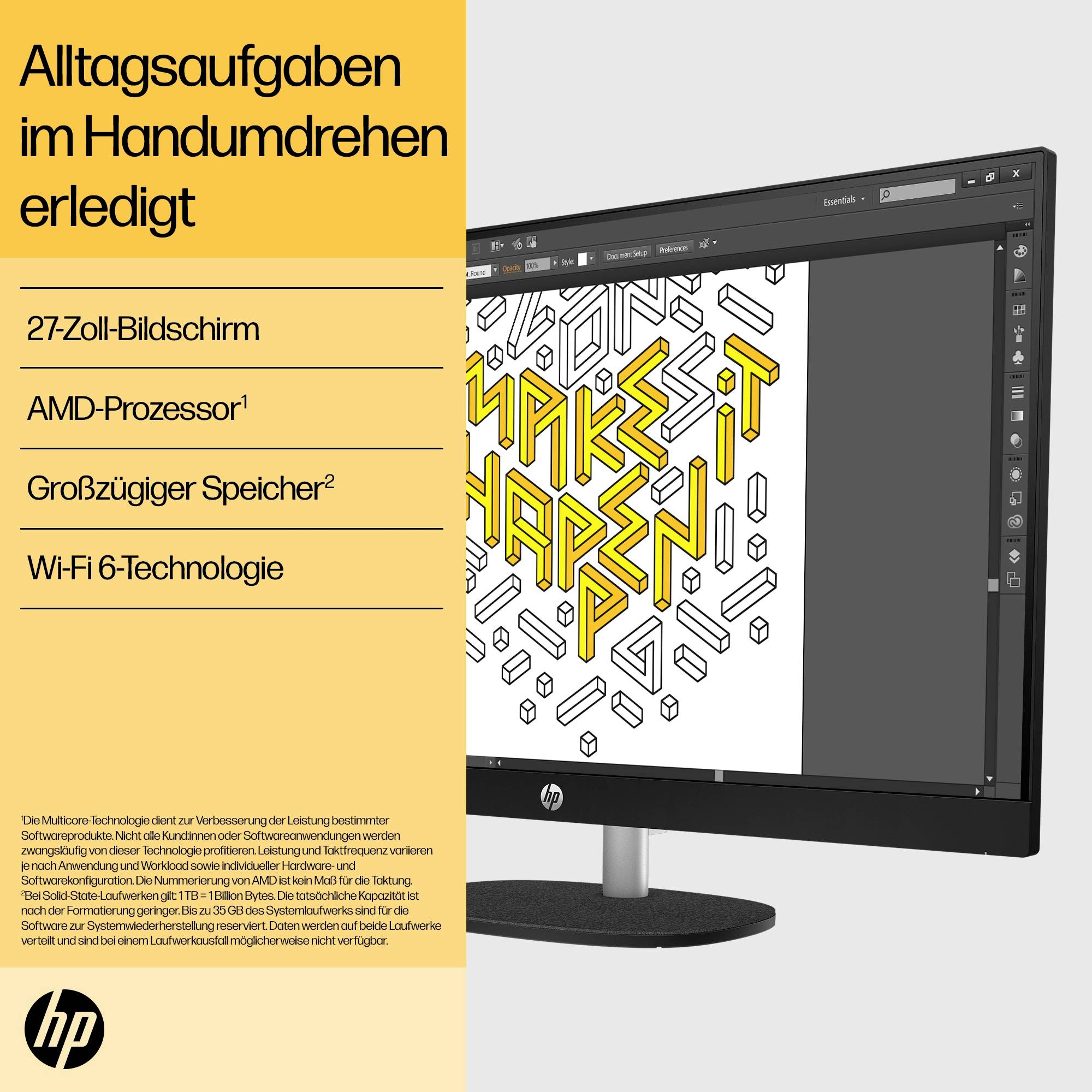 HP All-in-One PC AIO HP 27-cr0007ng RYZ5 7520U/16GB/512S 68.6 cm (27 Zoll) Full HD AMD Ryzen 5 7520U 4.3 GHz 16 GB RAM 5-10