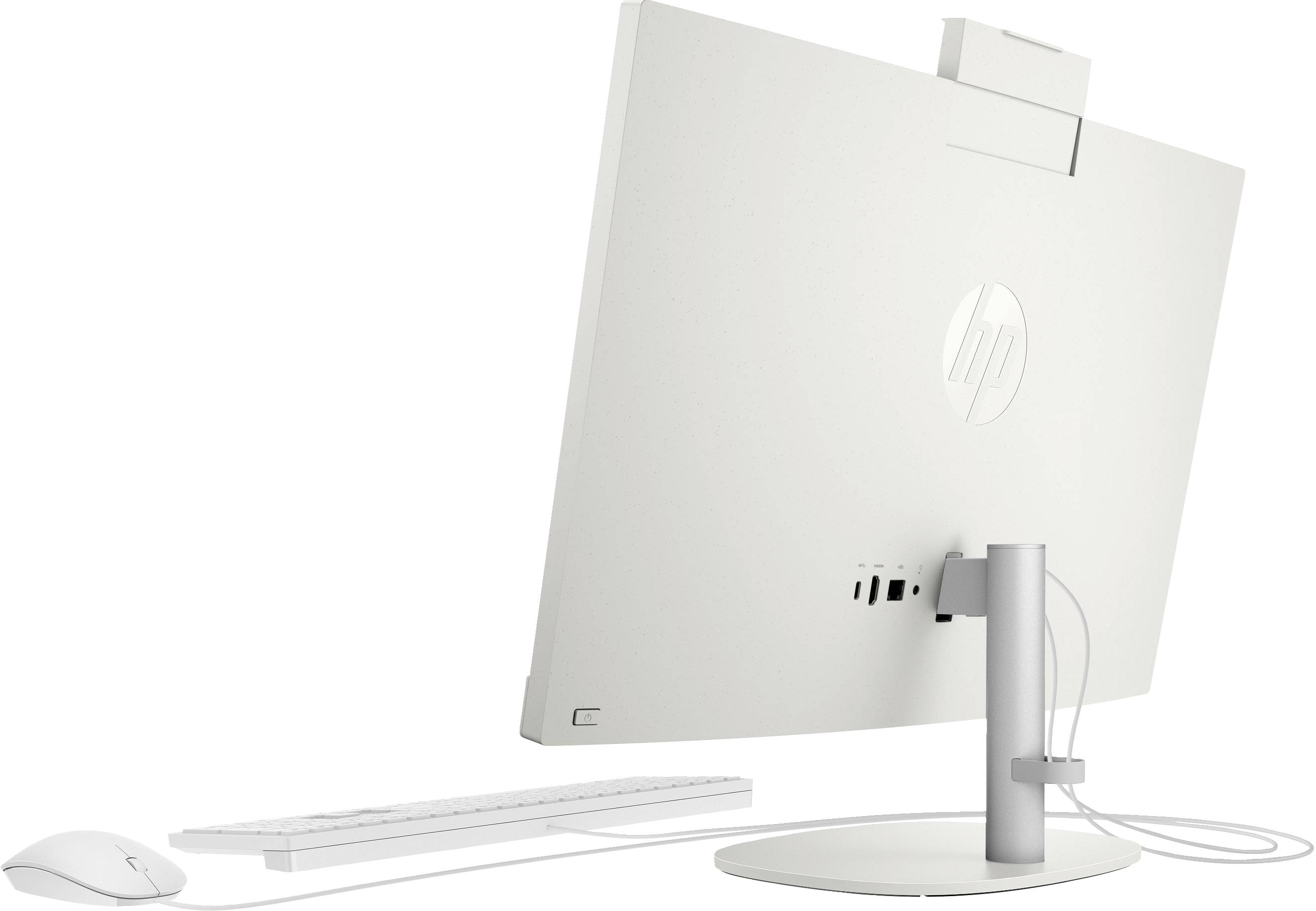 Rückansicht eines weißen HP All-in-One-Desktopcomputers mit Ständer, Tastatur und Maus auf weißem Hintergrund.