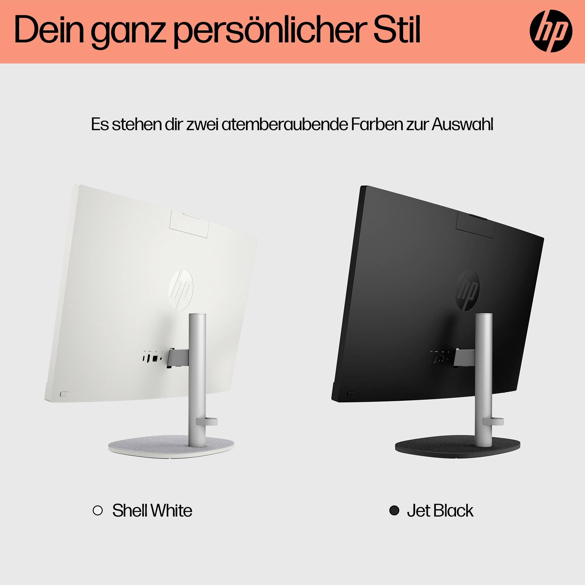HP Monitor-Anzeige mit zwei Farboptionen: Shell White und Jet Black, mit dem deutschen Text „Dein ganz persönlicher Stil" und „Es stehen dir zwei atemberaubende Farben zur Auswahl".