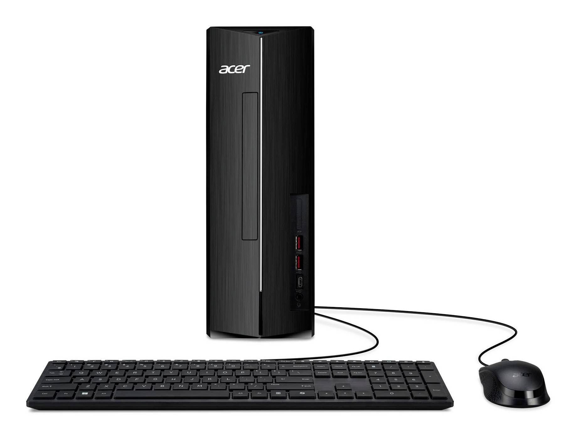 Acer Desktop-Tower mit kabelgebundener Tastatur und Maus auf weißem Hintergrund.