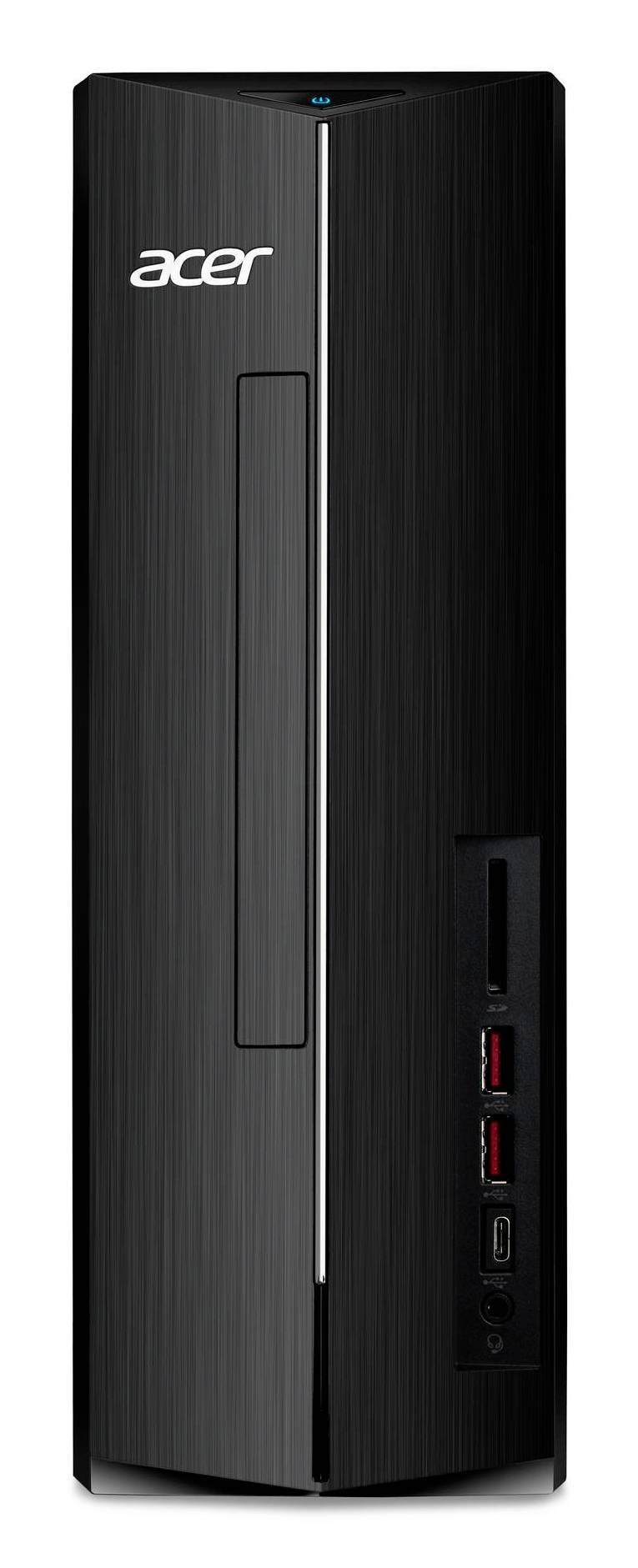 Vorderansicht eines schwarzen Acer-Desktop-Gehäuses mit vertikalem silbernem Akzent und vorderen USB- und Audioanschlüssen.