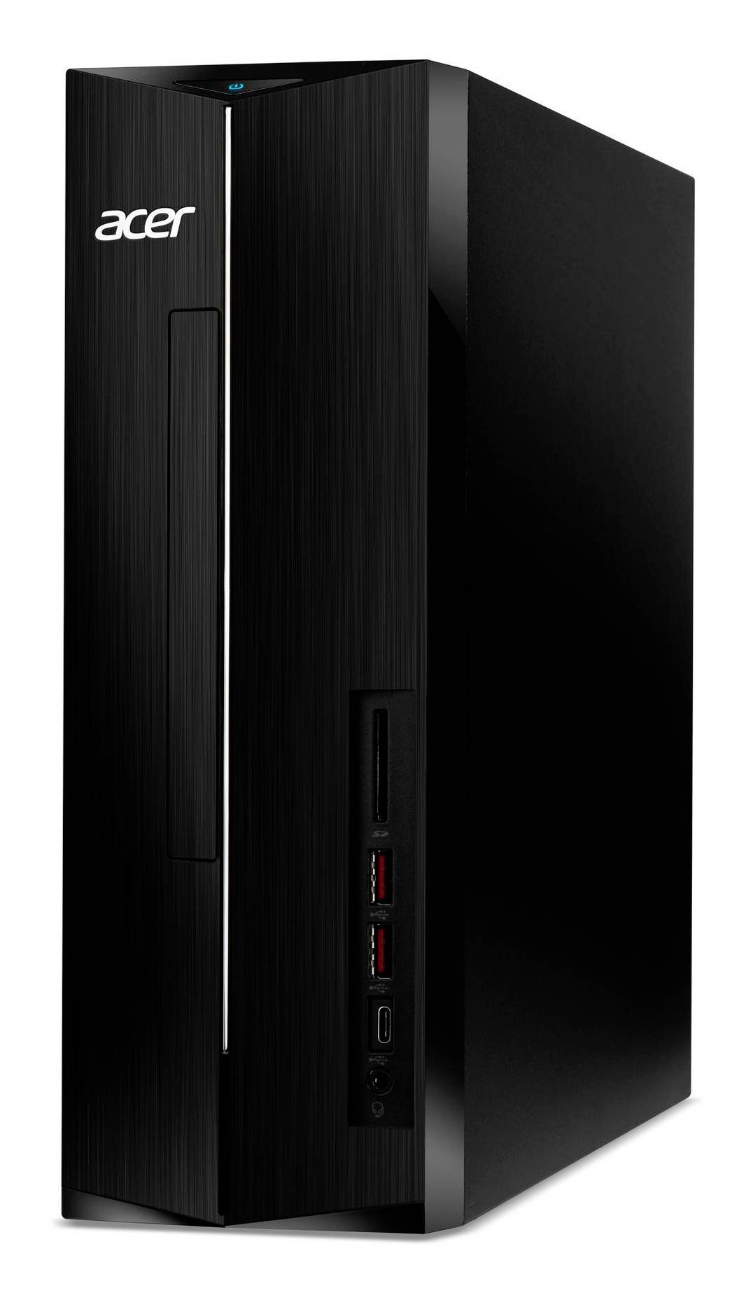 Schwarzes Acer-Desktops-Gehäuse shown auf weißem Hintergrund, Vorderansicht im Winkel mit sichtbarer Laufwerkschacht und USB-Anschlüssen.