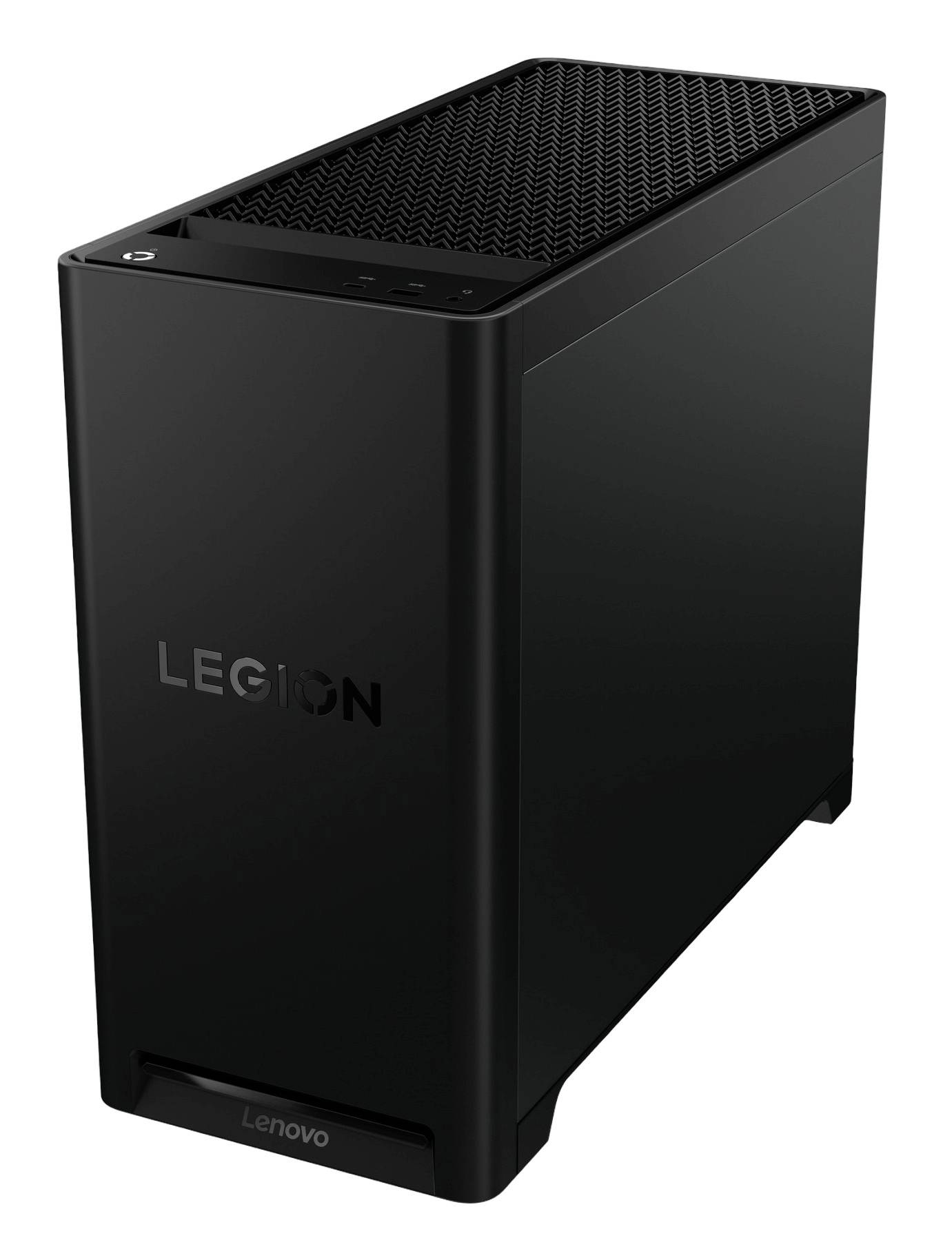 Schwarzer Lenovo Legion Desktop-Tower mit perforierter Oberseite und 'LEGION'-Branding an der Vorderseite auf weißem Hintergrund.