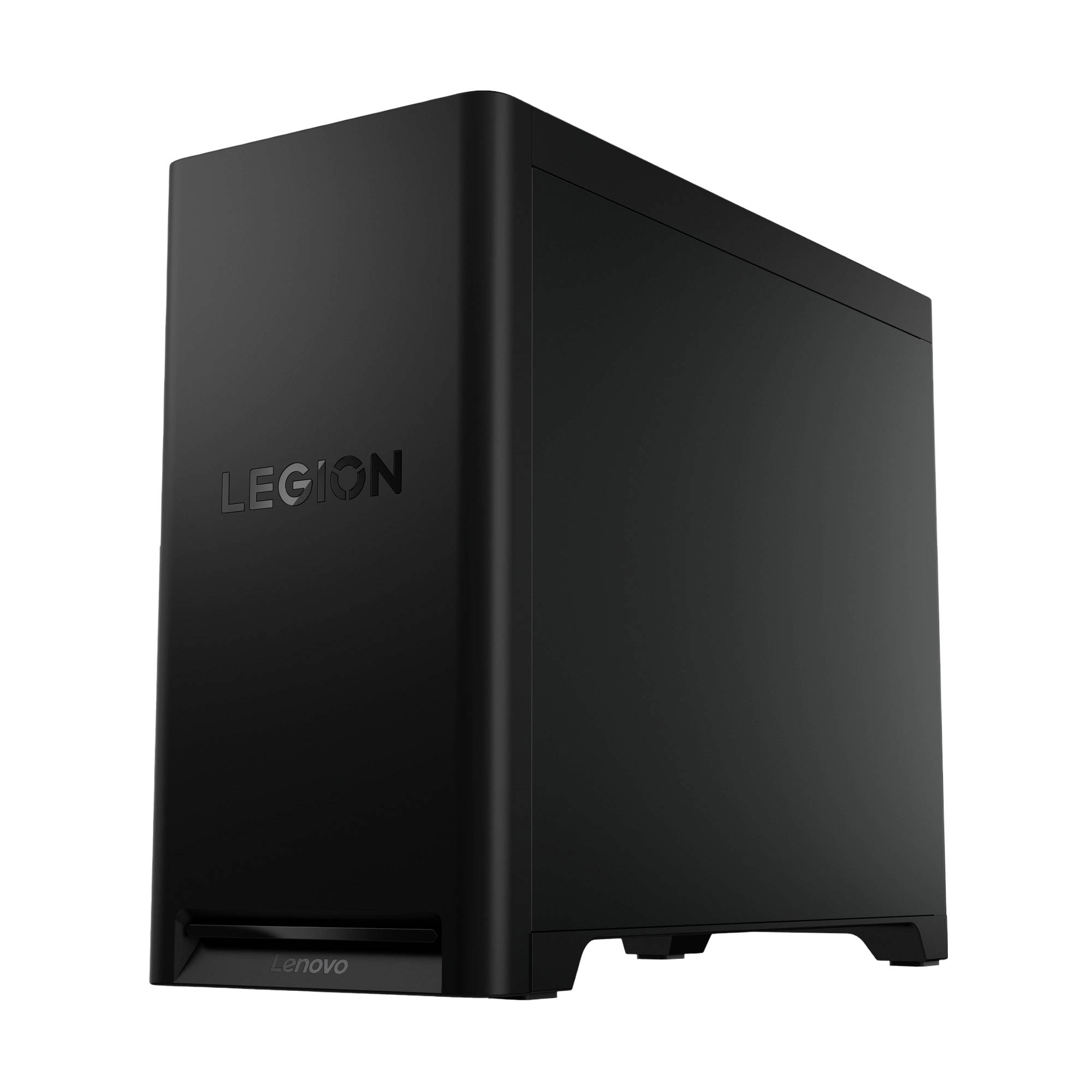 Schwarzes Lenovo Legion Desktop-Tower-PC-Gehäuse in Dreiviertelperspektive auf weißem Hintergrund.