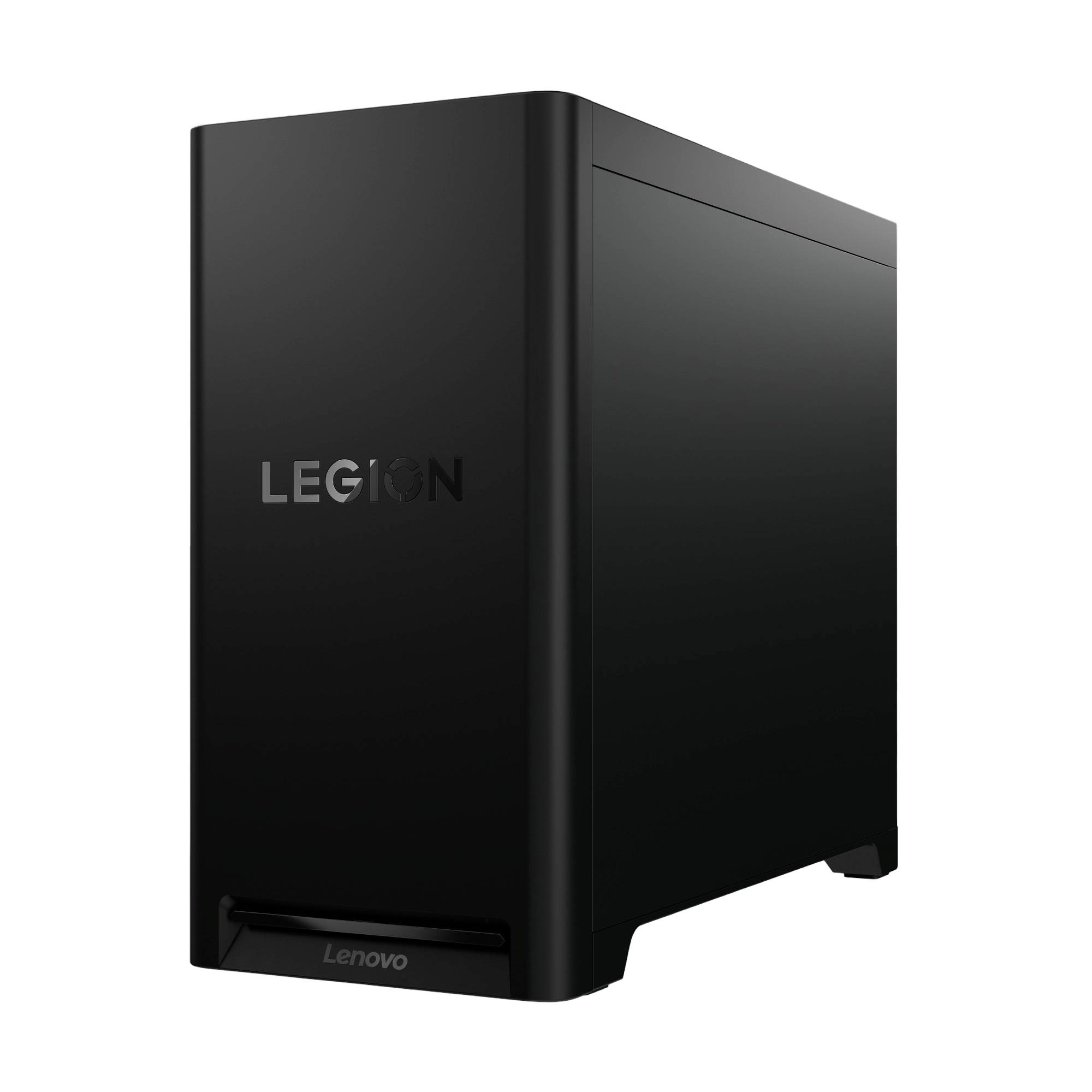 Schwarzer Lenovo Legion Desktop-Tower-PC auf weißem Hintergrund, gezeigt in angewinkelter Vorderansicht mit "LEGION"-Branding auf der Frontplatte.