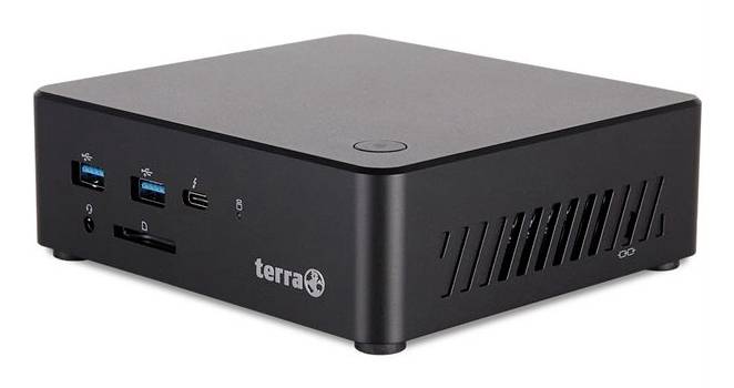 Black Terra Mini-Desktop-Computer mit USB- und Kartenleser-Anschlüssen an der Vorderseite, auf weißem Hintergrund dargestellt.