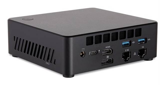 Kompakter schwarzer Mini-Desktop-Computer mit mehreren Anschlüssen auf der Rückseite, einschließlich HDMI, USB, Ethernet und Audio