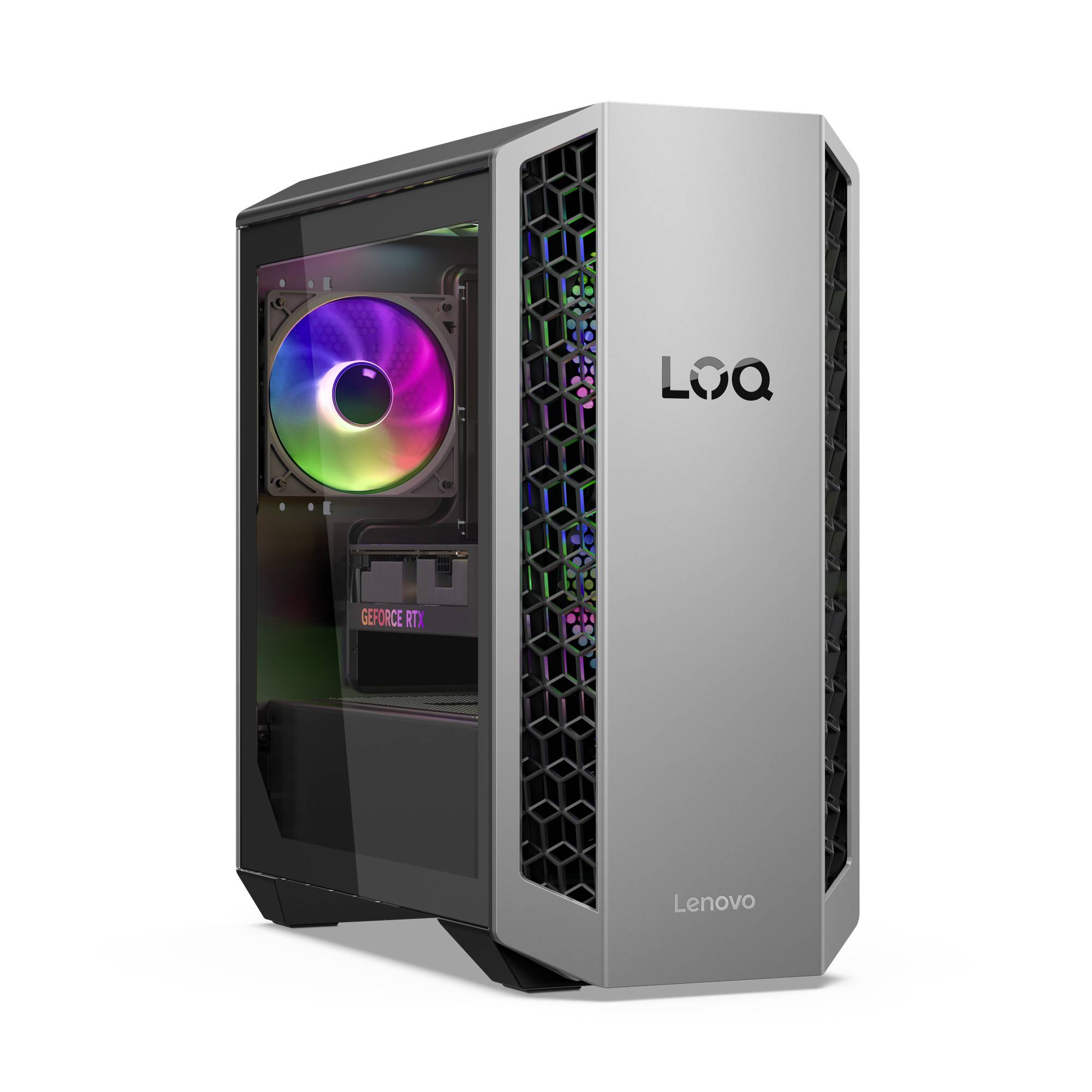 Lenovo LOQ Gaming-Desktop-Tower mit gehärtetem Glasseitenpaneel, RGB-Kühlventilator und silberner Frontblende