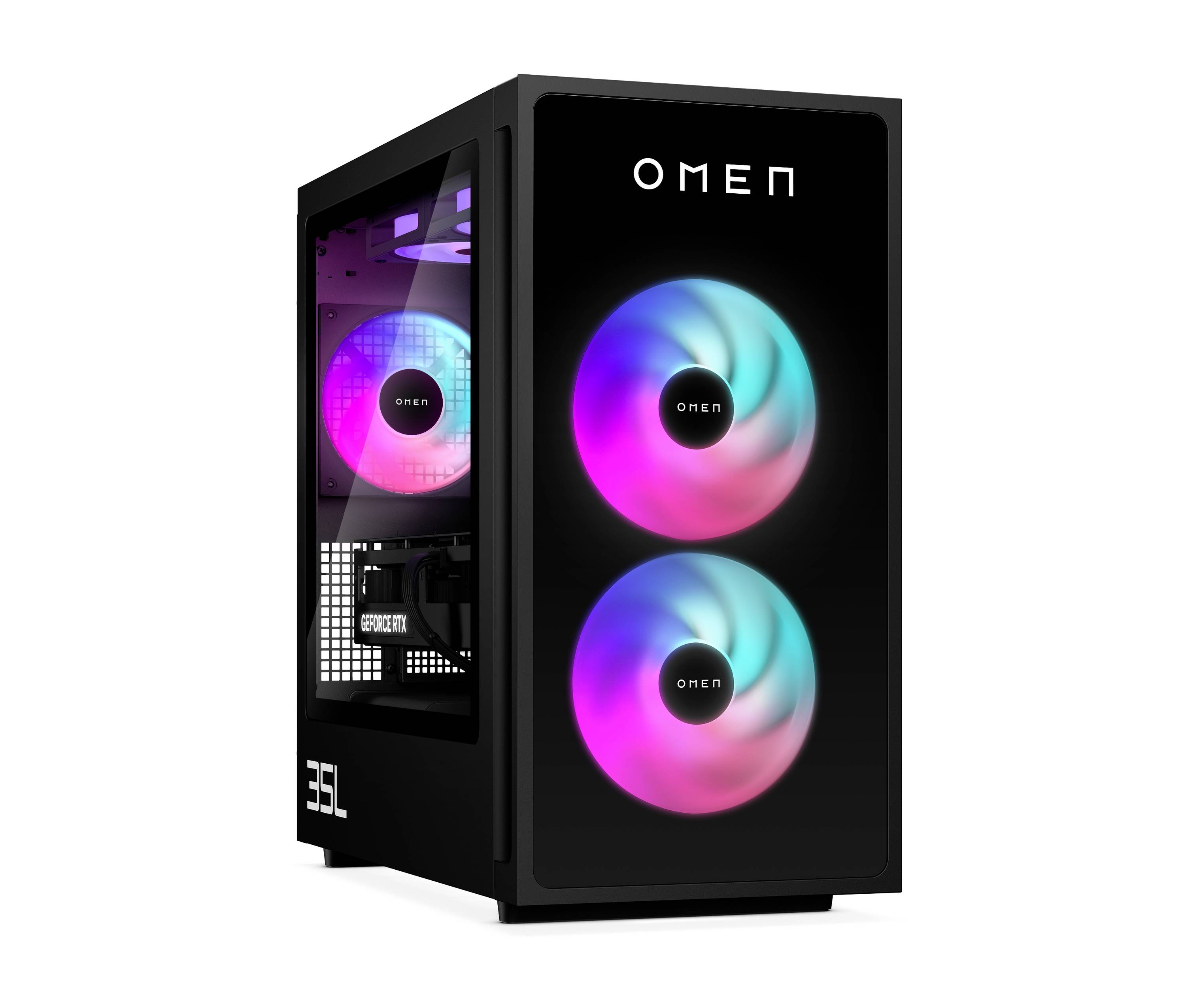 Schwarzer OMEN Desktop-Gaming-PC-Tower mit RGB-beleuchteten Front- und Seitenlüftern, dargestellt vor weißem Hintergrund.